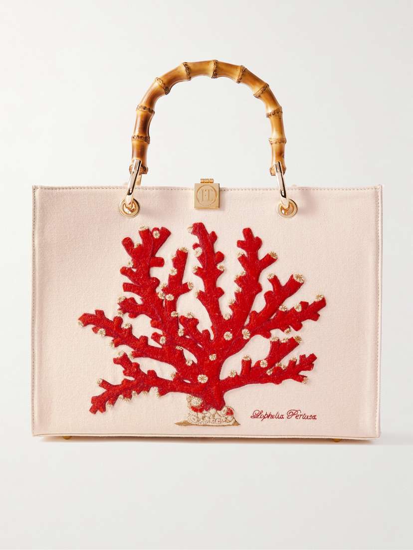 Olympia Le-Tan Coral Appliquéd Bamboo-trimmed Canvas Tote
