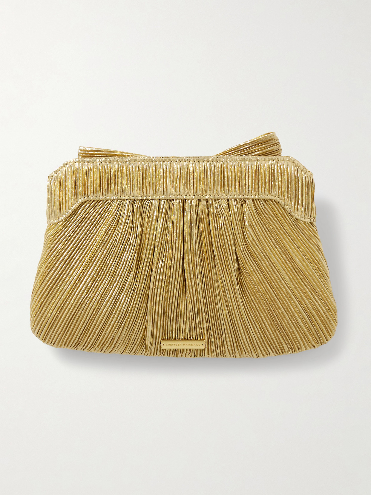 Shop Loeffler Randall Rayne Bow-embellished Plissé-lamé Clutch In Gold