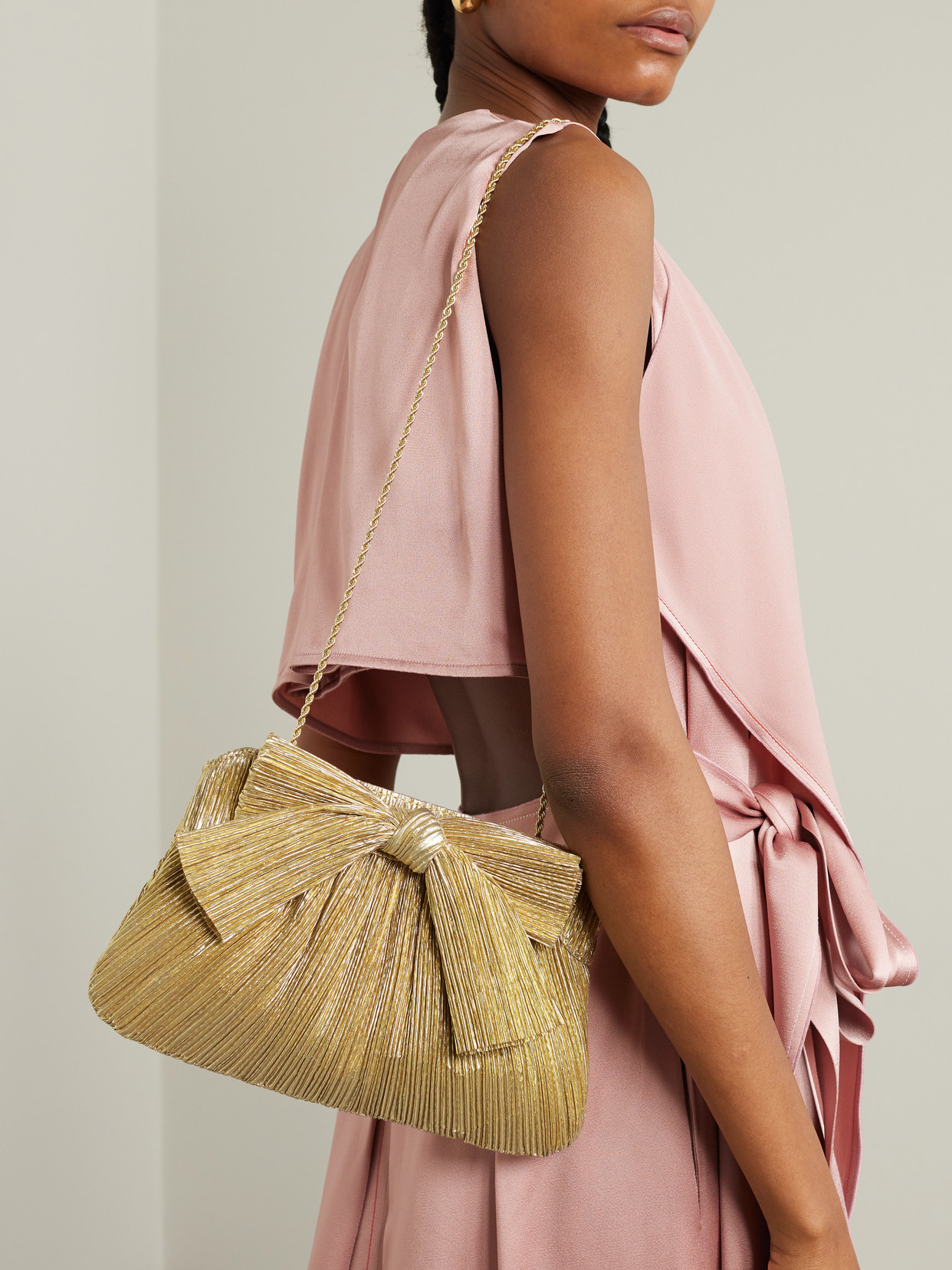Loeffler Randall Rayne Bow-embellished Plissé-lamé Clutch In Gold