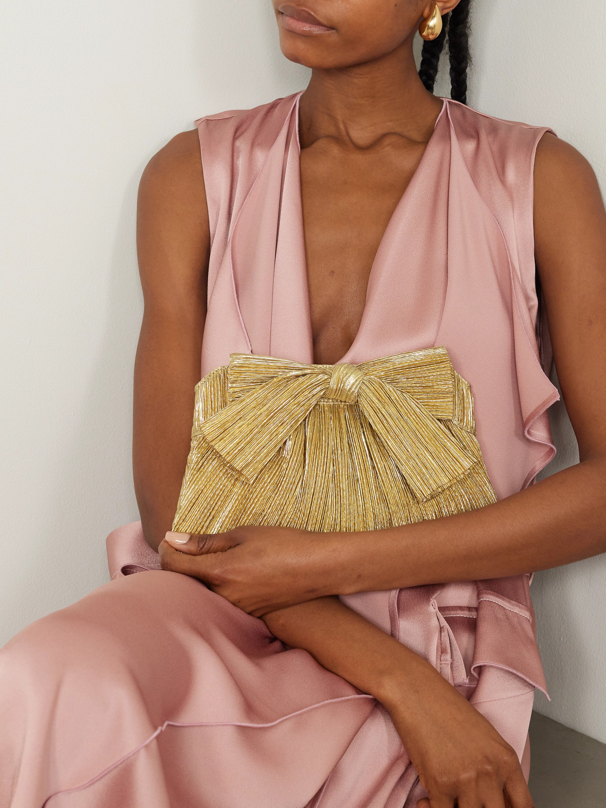 Loeffler Randall Rayne Bow-embellished Plissé-lamé Clutch In Gold