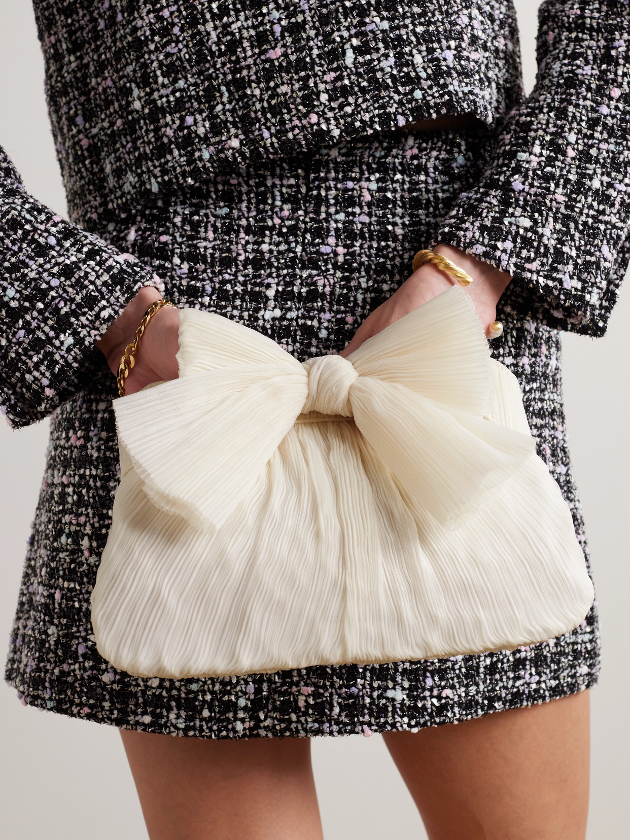 Shop Loeffler Randall Rayne Bow-embellished Plissé-organza Clutch In Off-white