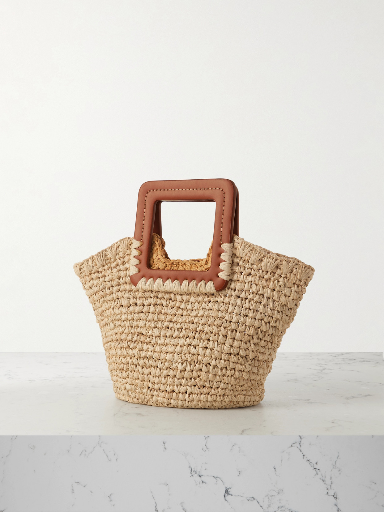 Sienna Mini Leather-Trimmed Raffia Tote