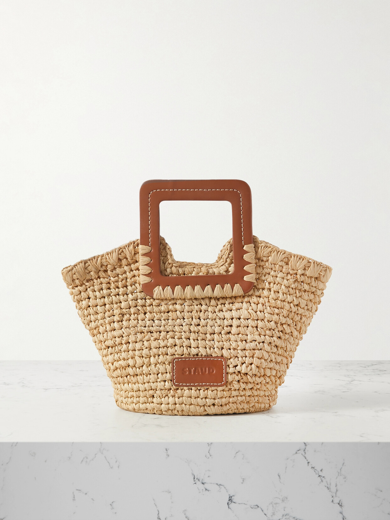 Staud Sienna Mini Leather-trimmed Raffia Tote In Brown
