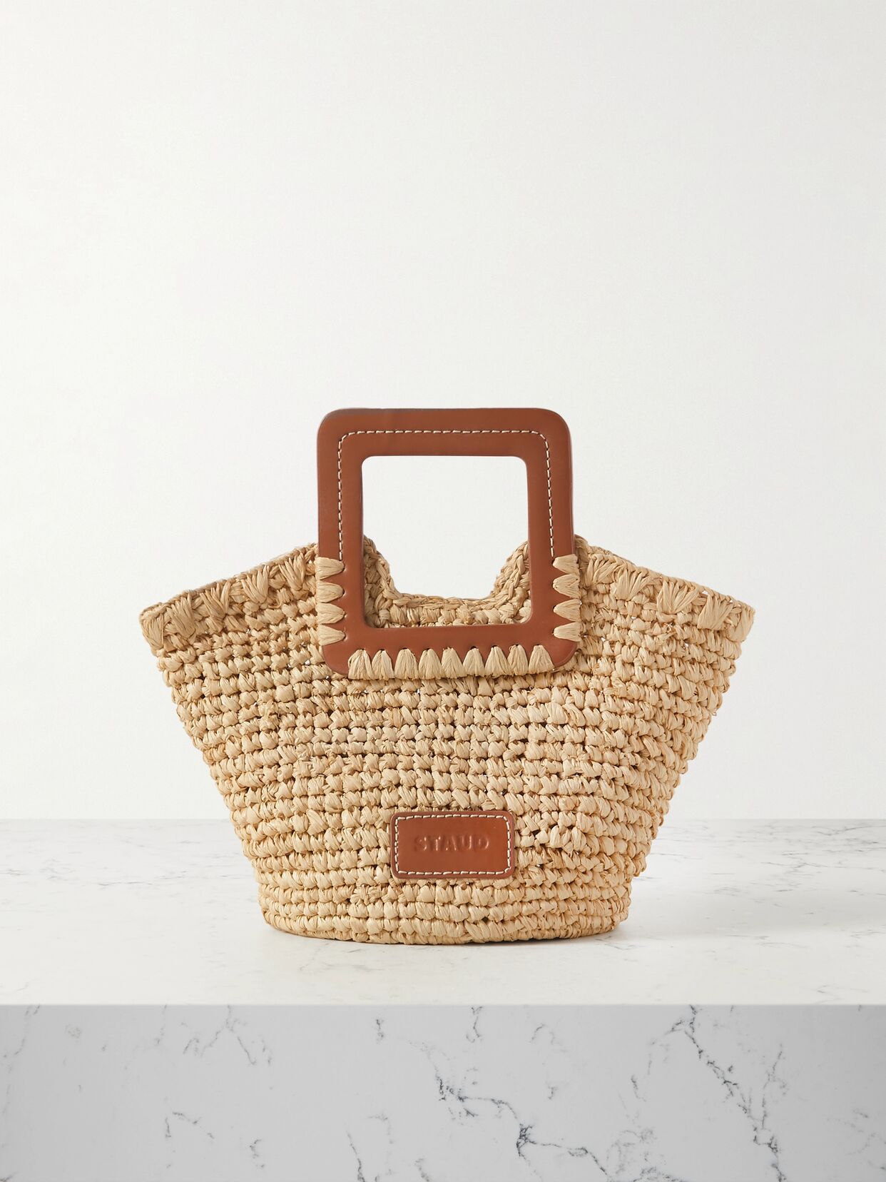 Sienna mini leather-trimmed raffia tote
