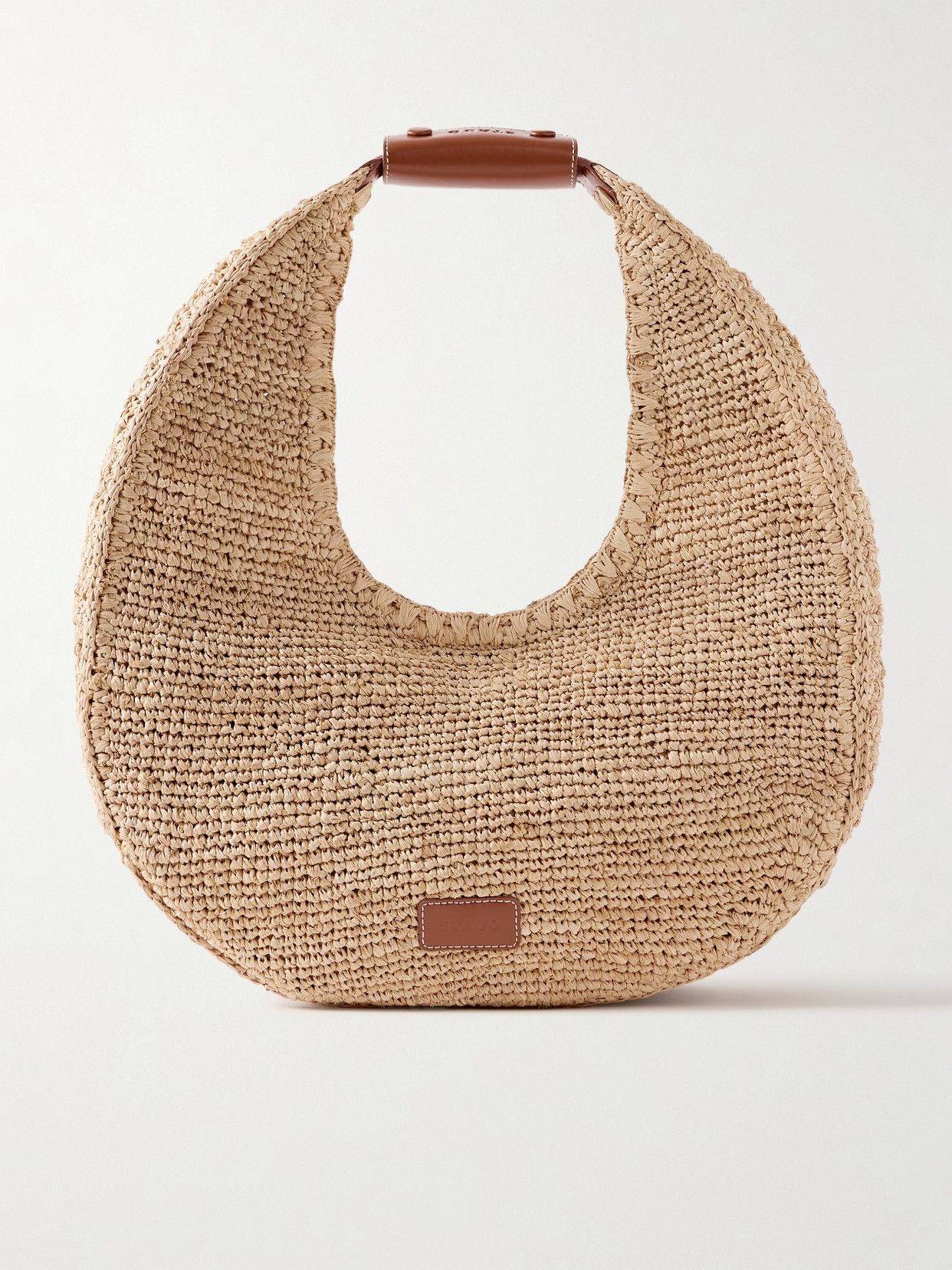 Shop Staud Moon Large Leather-trimmed Raffia Tote In Brown