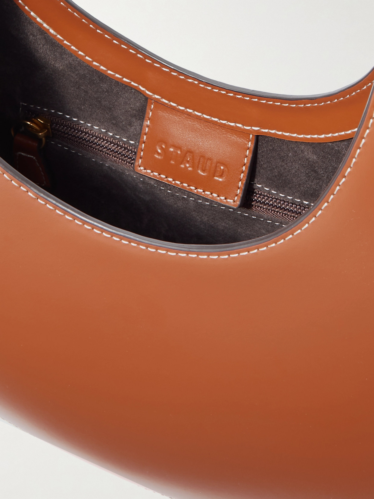 Staud Leather Handbag With Curved Shape And Handle In Brown