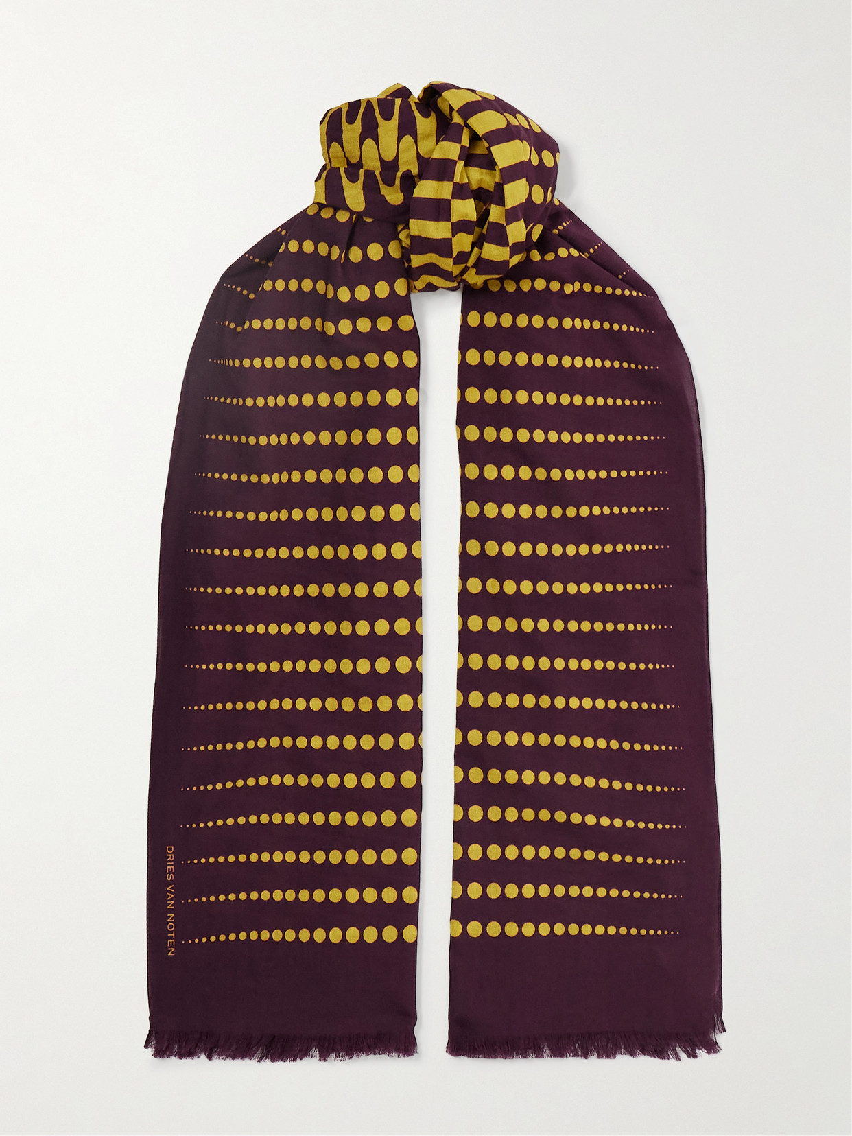 Dries Van Noten Frayed Printed Cotton Scarf In Burgundy