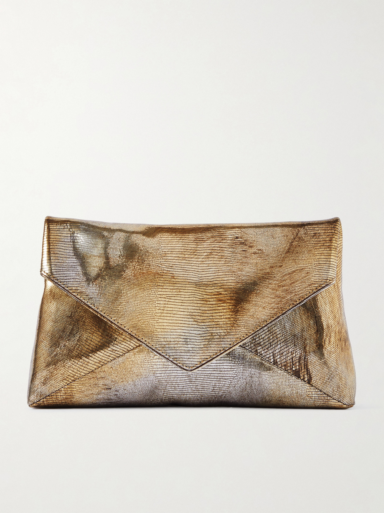 Dries Van Noten Lizard-effect Metallic Leather Clutch In Gold