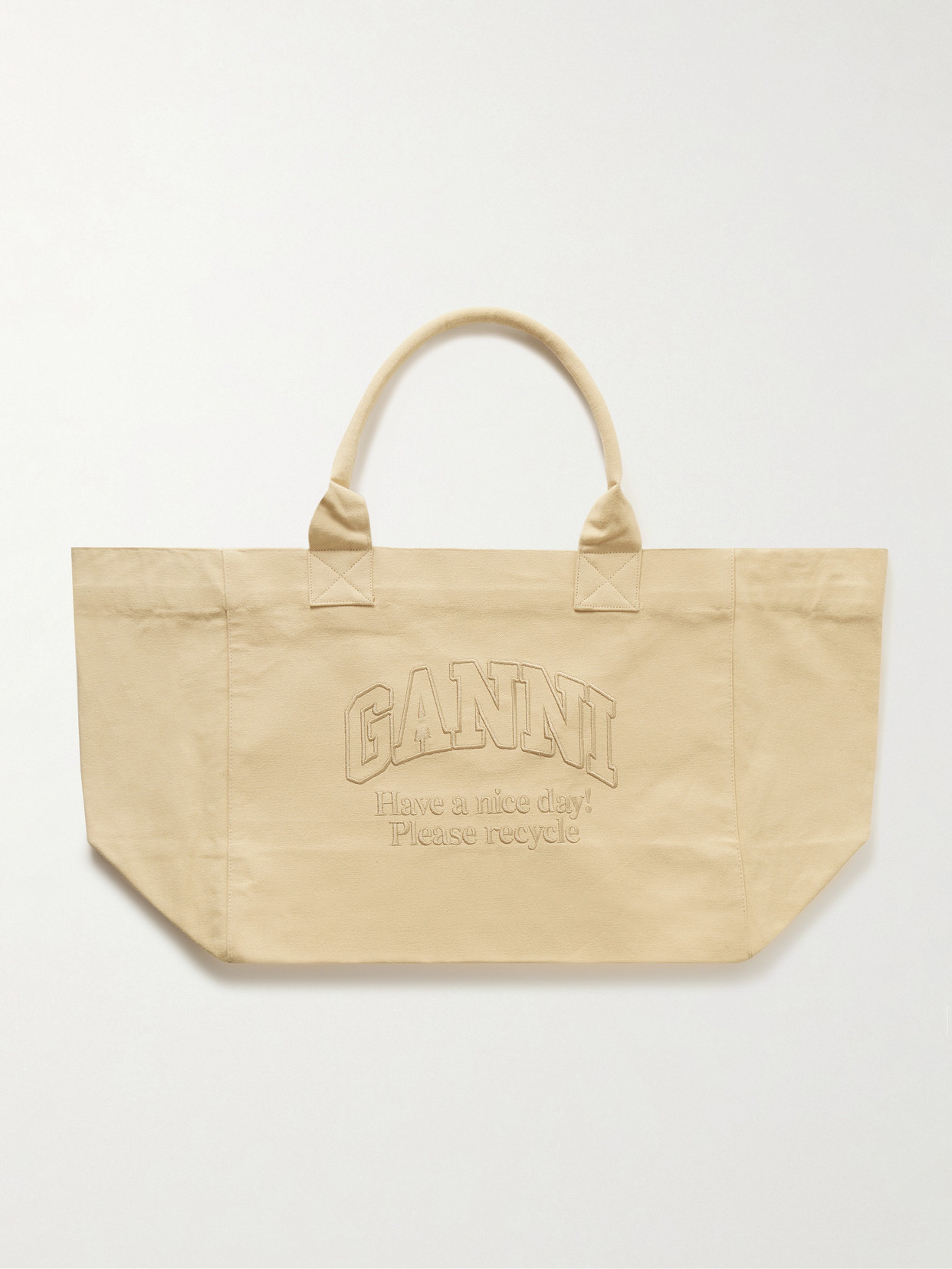 Ganni Shopper Xxl Embroidered Recycled-cotton Canvas Tote In Neutrals