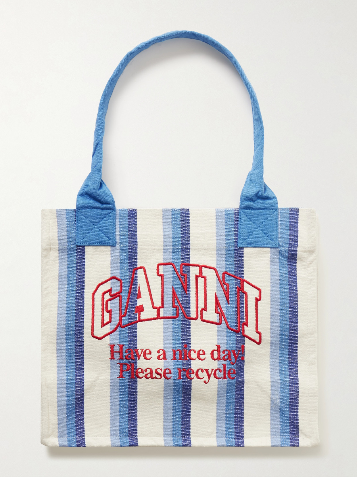 Ganni Easy Large Embroidered Striped Recycled Cotton-canvas Tote In Blue