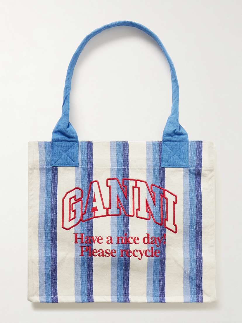 Ganni + Net Sustain Easy Large Embroidered Striped Recycled Cotton-canvas Tote