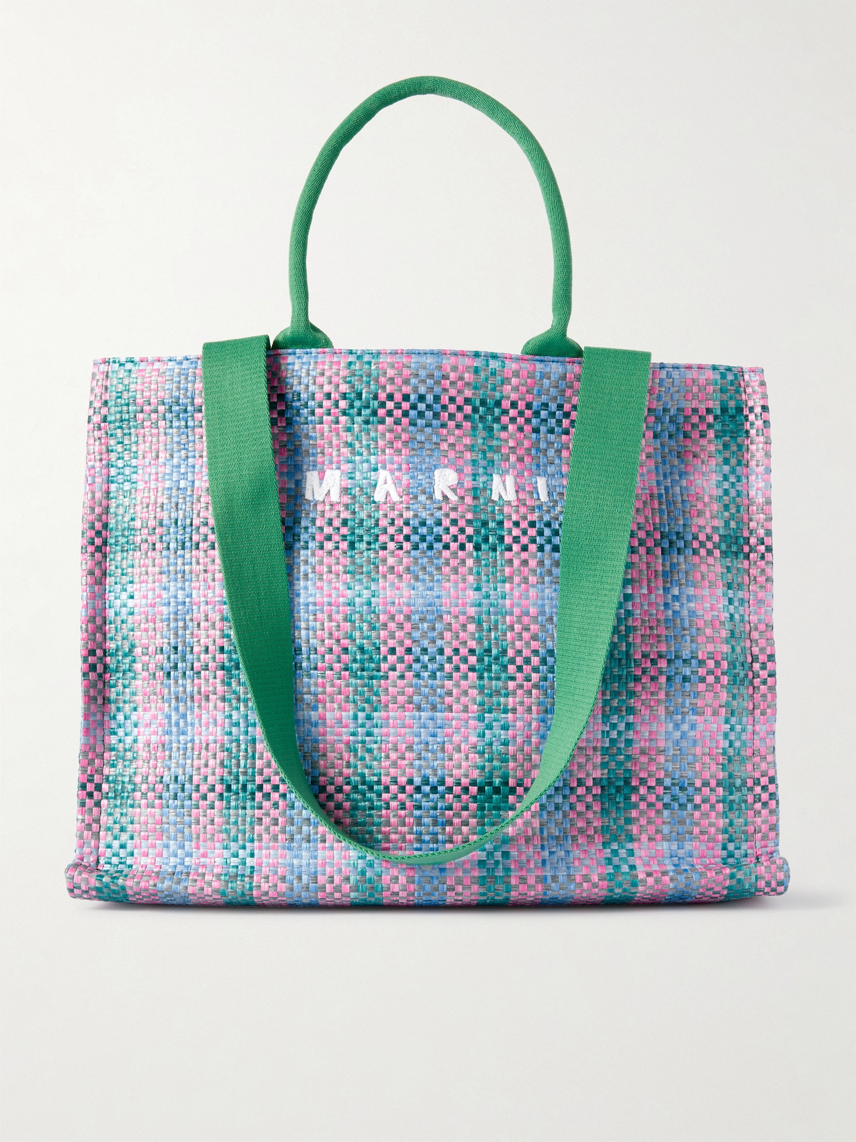 Marni Checked Woven Raffia Tote In Blue