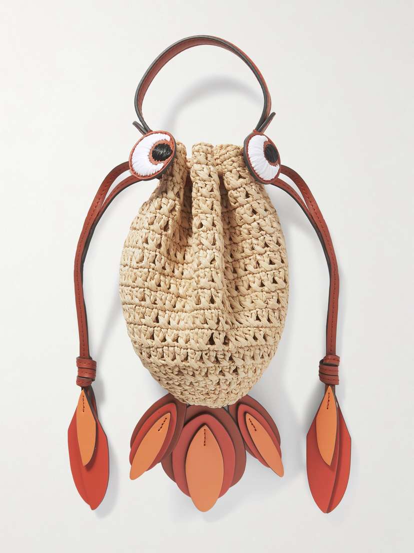 Anya Hindmarch Goldfish Leather-trimmed Embroidered Raffia Shoulder Bag -  - One size