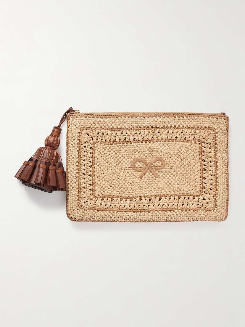 Anya Hindmarch Georgiana Tasseled Leather-trimmed Raffia Clutch
