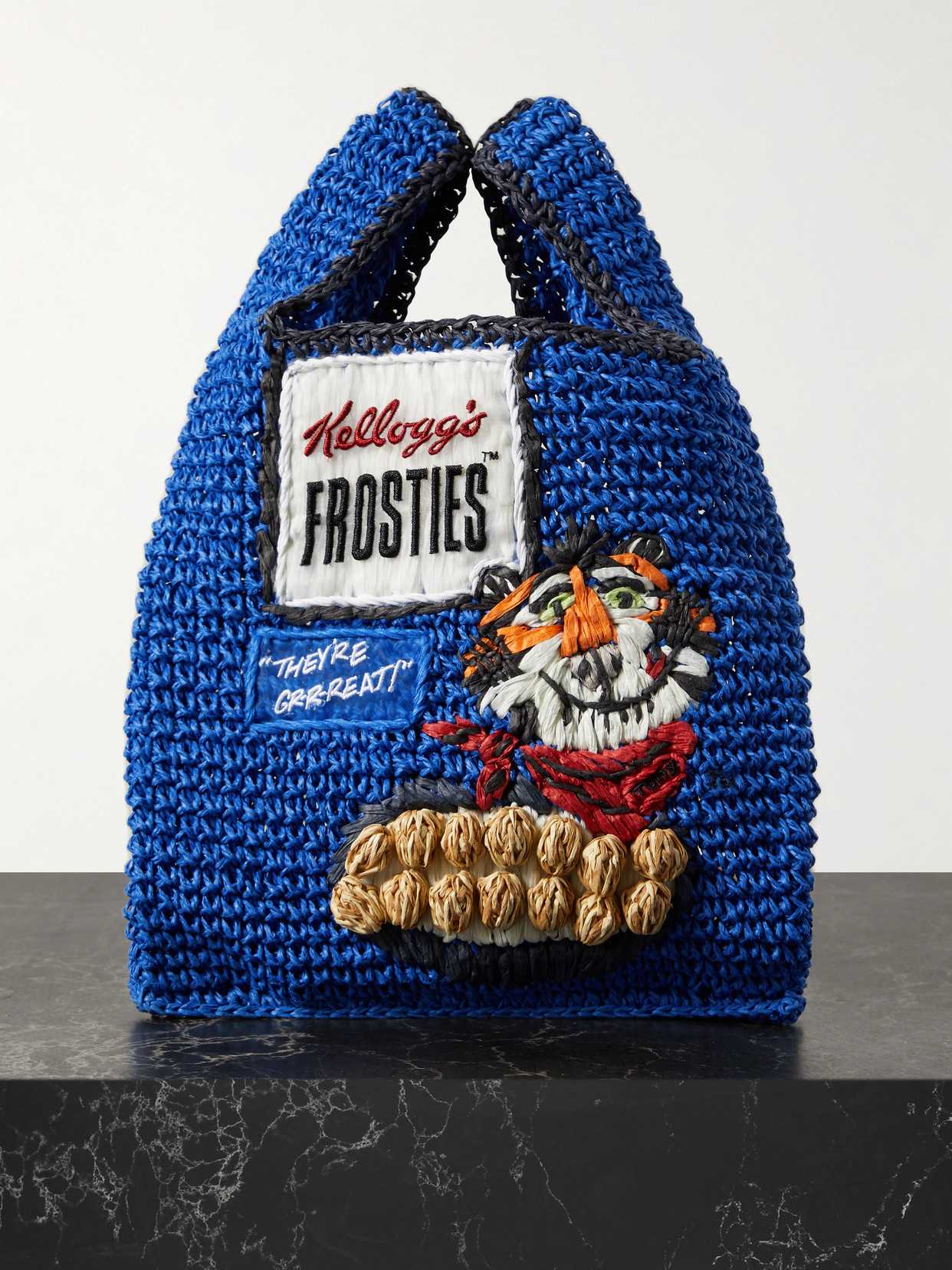 Anya Hindmarch Frosties Mini Embroidered Raffia Tote In Blue