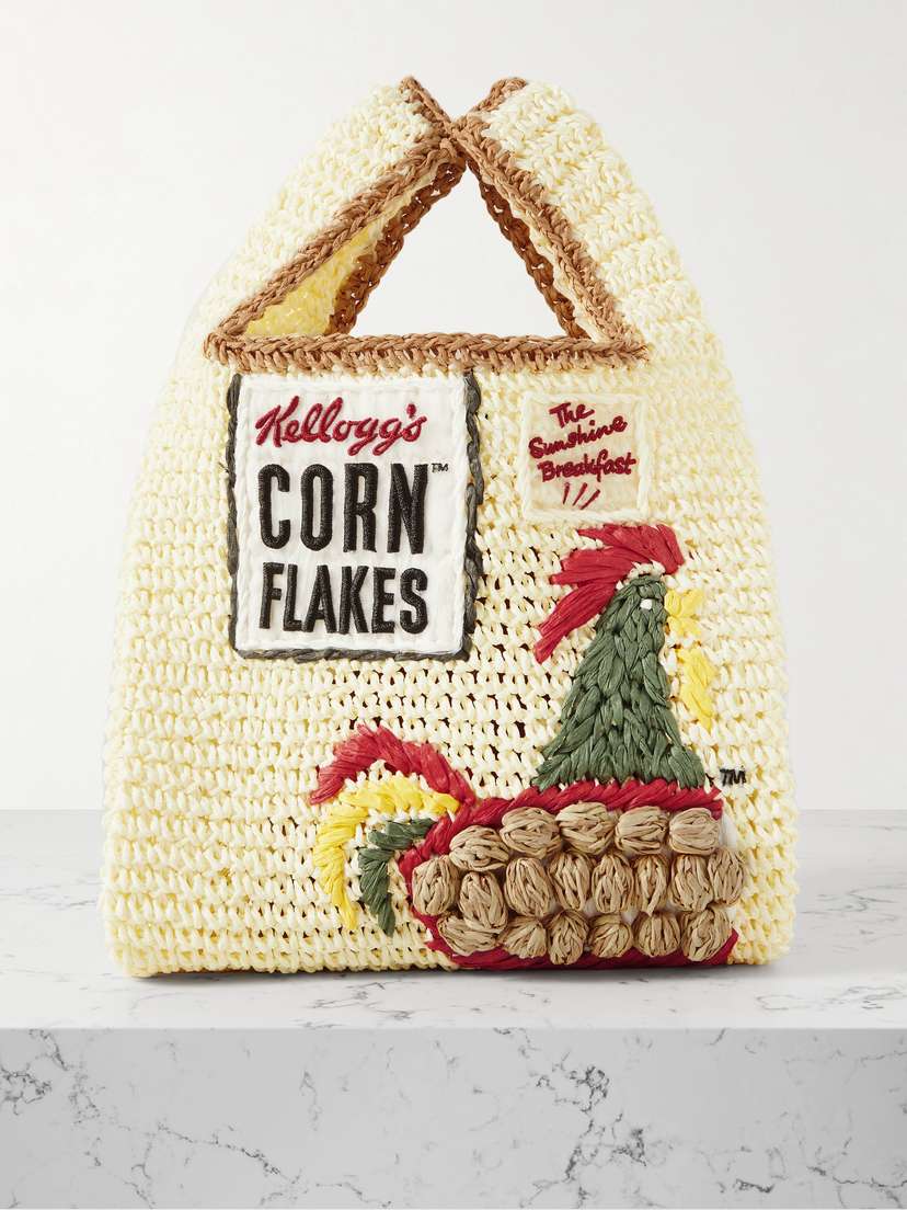 Anya Hindmarch Cornflakes Mini Embroidered Raffia Tote