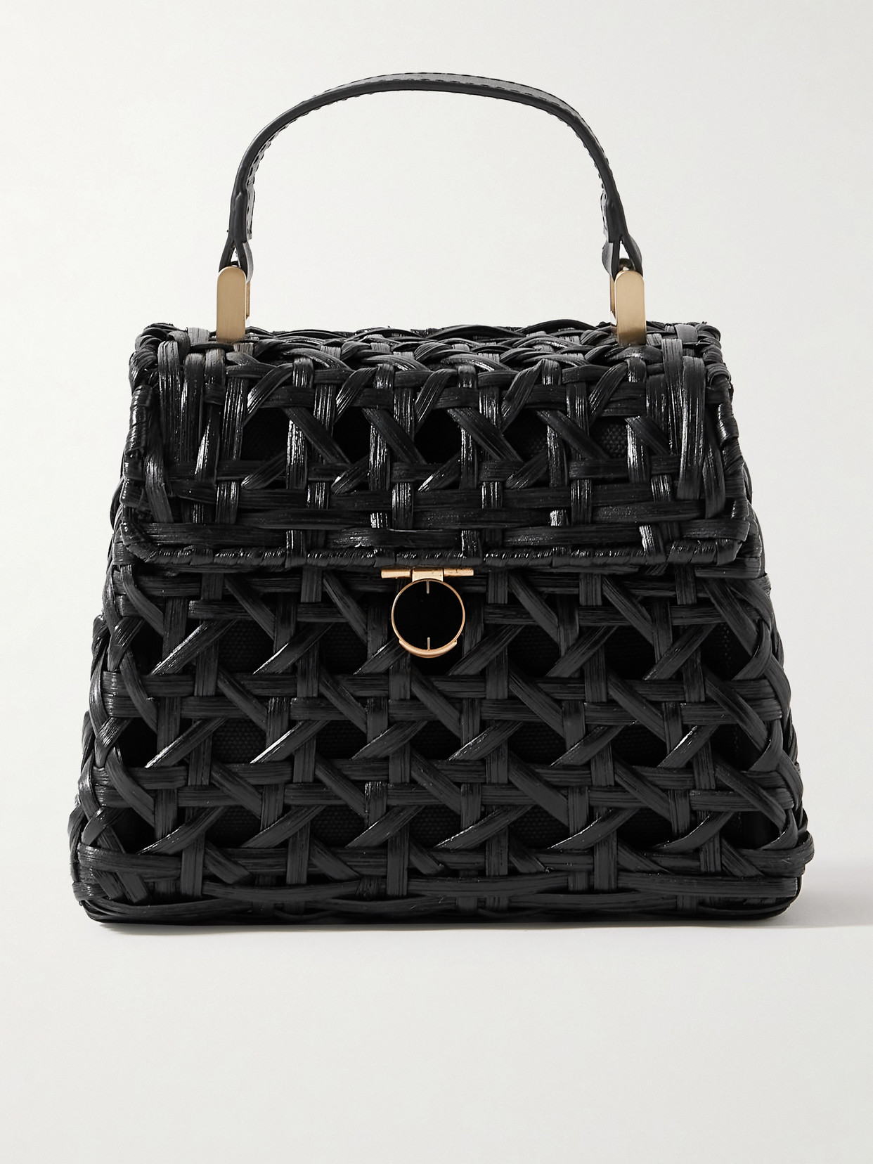 Shop Cult Gaia Sybil Leather-trimmed Rattan And Canvas Shoulder Bag In Black