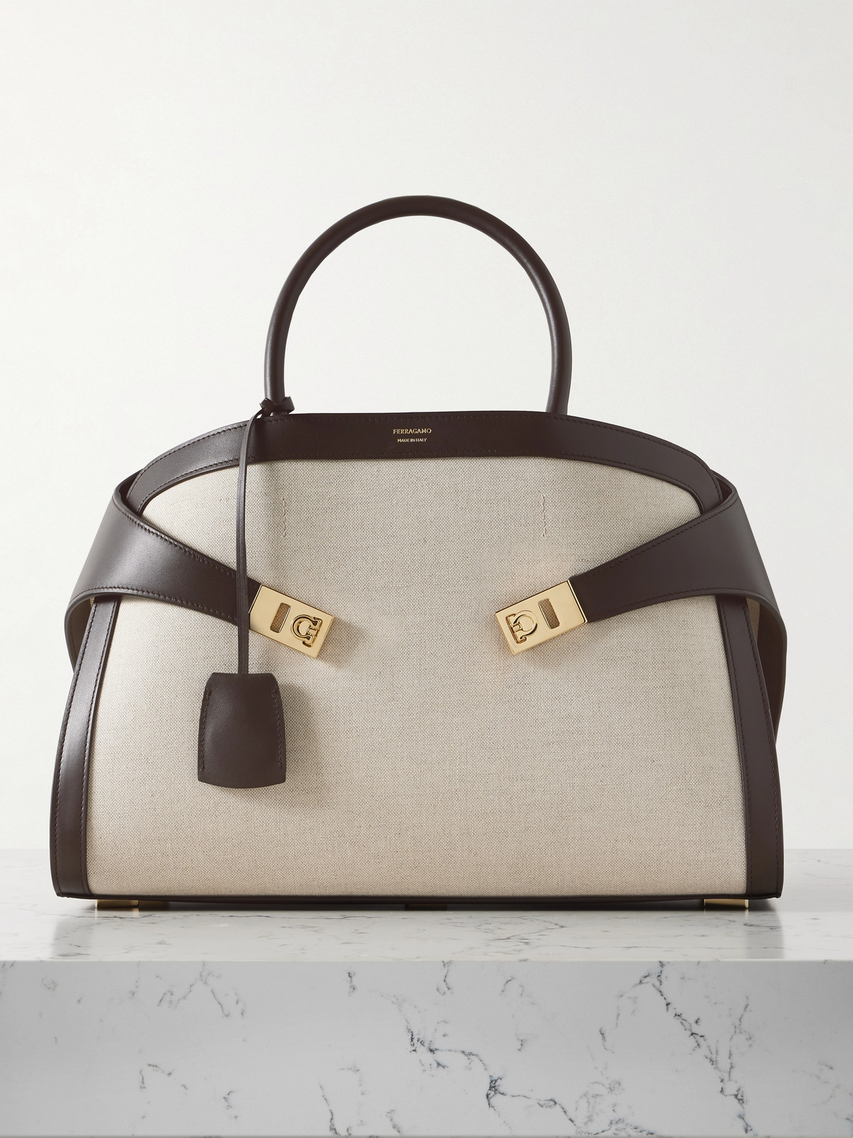 Shop Ferragamo Hug Medium Leather-trimmed Canvas Tote In Neutrals