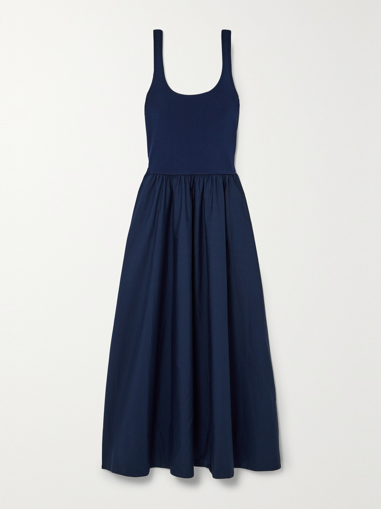 Polo Ralph Lauren Zaha Ribbed-knit And Cotton-poplin Maxi Dress In Blue