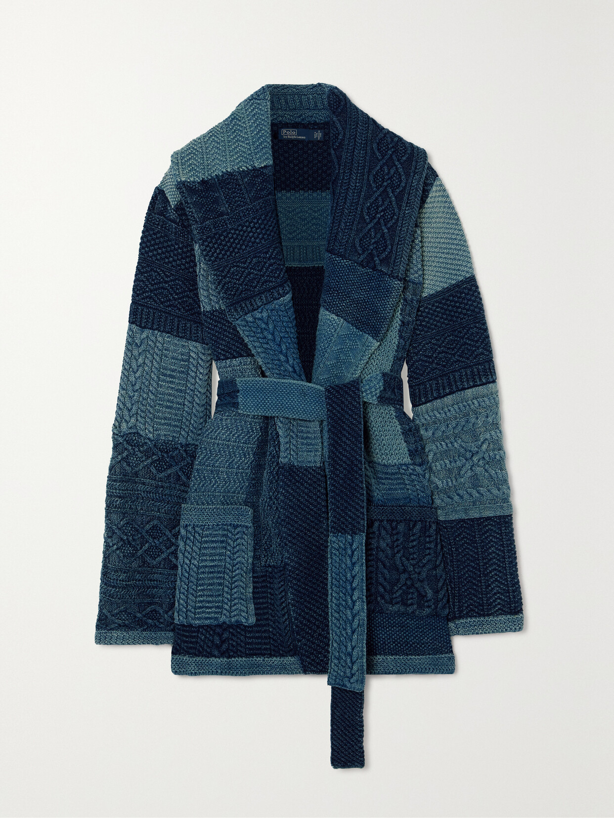 Polo Ralph Lauren Belted Patchwork Cable-knit Cotton Cardigan - Blue