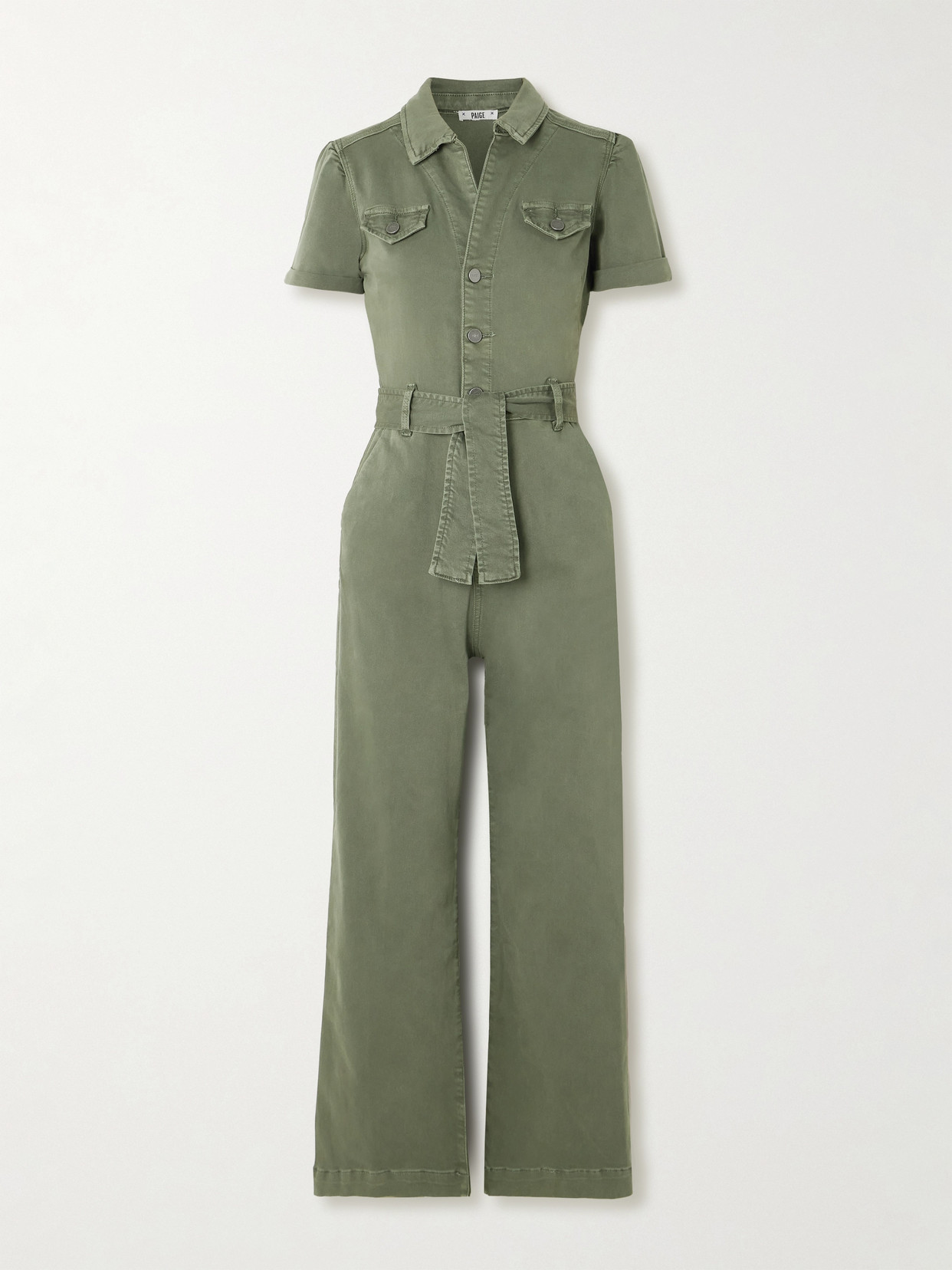 Paige Anessa Belted Denim Jumpsuit In Green