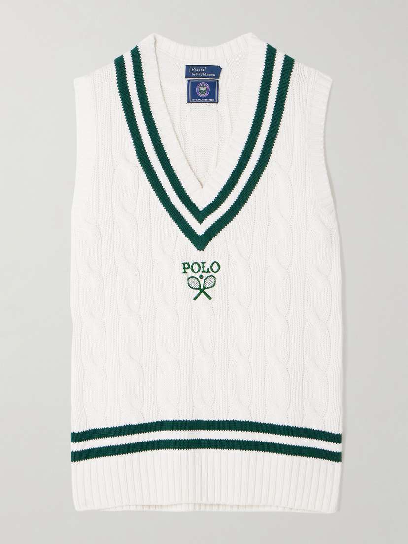 Polo Ralph Lauren + Wimbledon Appliquéd Embroidered Cable-knit Cotton Vest - x large