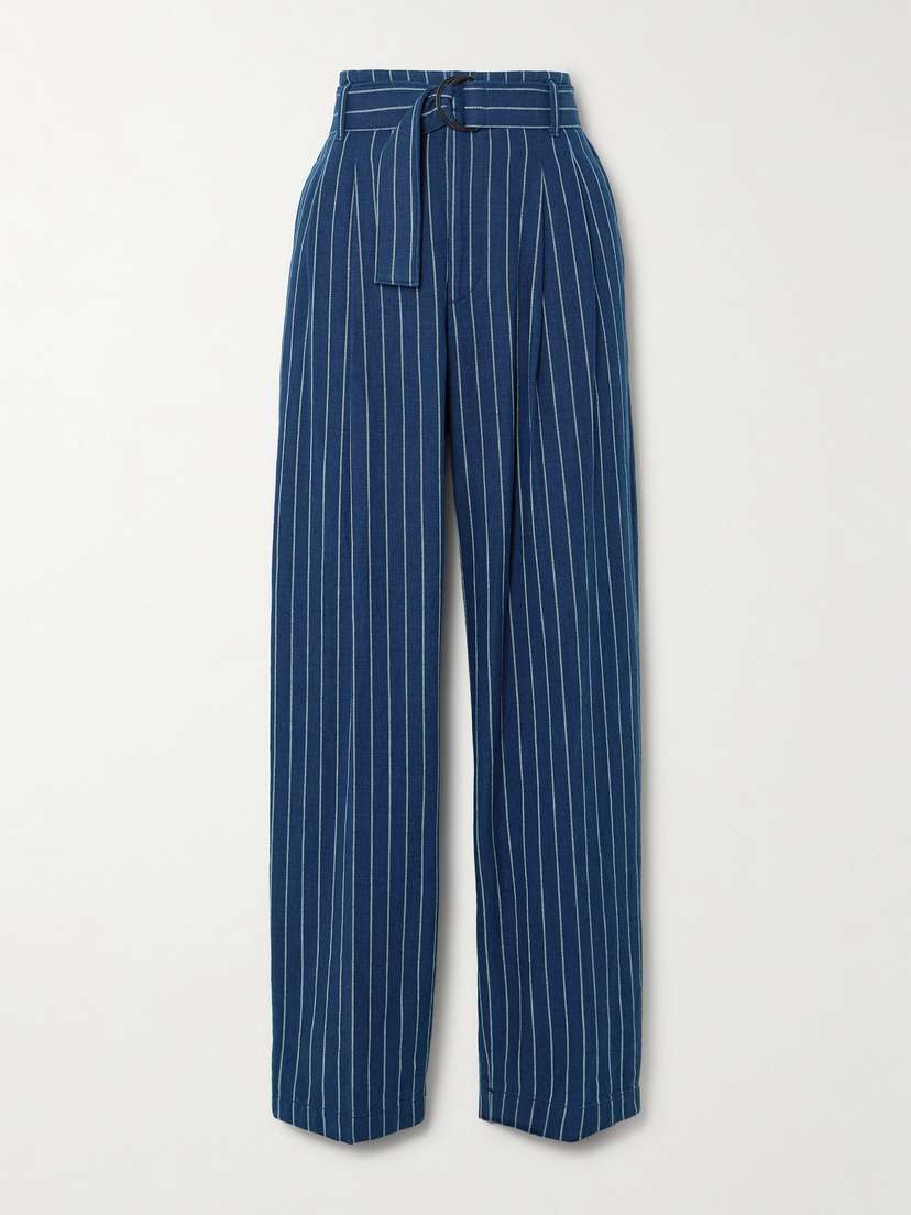 Polo Ralph Lauren Evan Belted Pinstriped Linen And Cotton-blend Twill Wide-leg Pants
