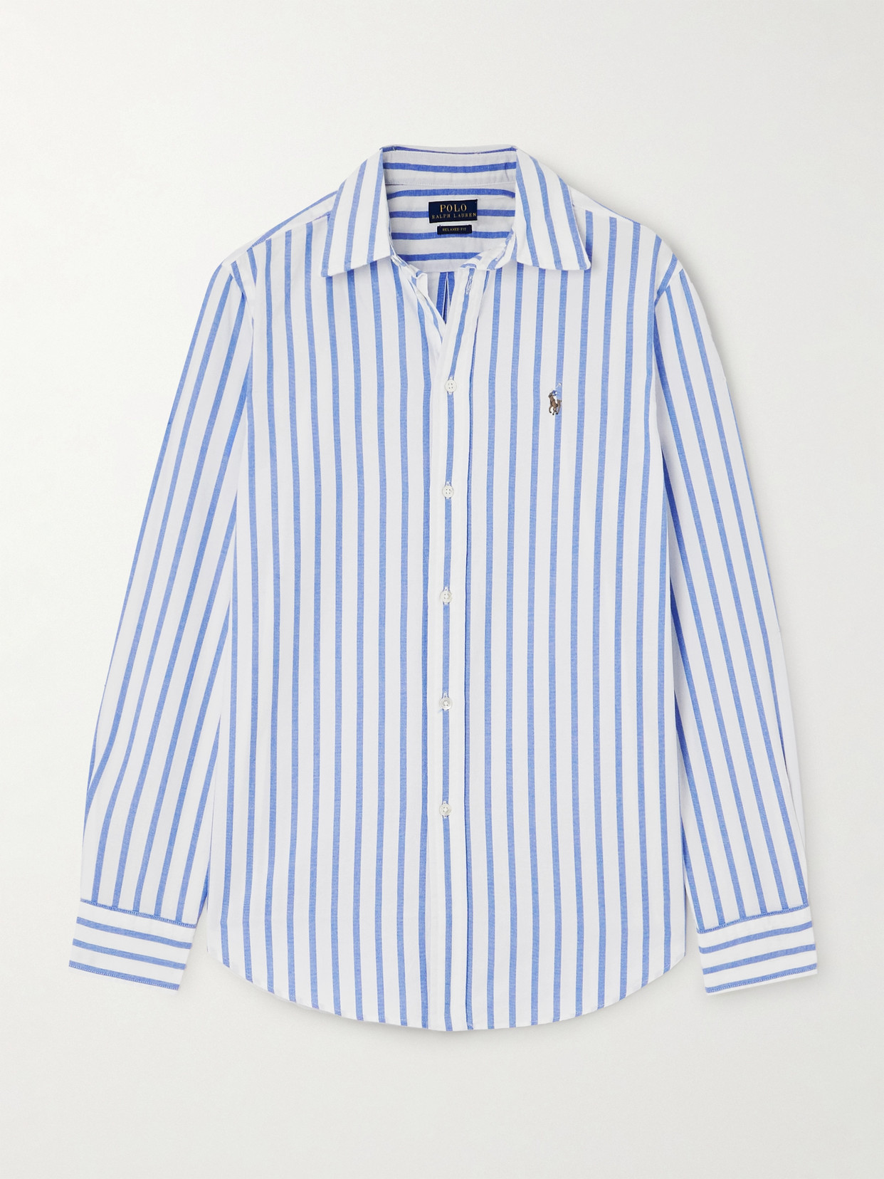 Polo Ralph Lauren Embroidered Striped Cotton-oxford Shirt In Blue