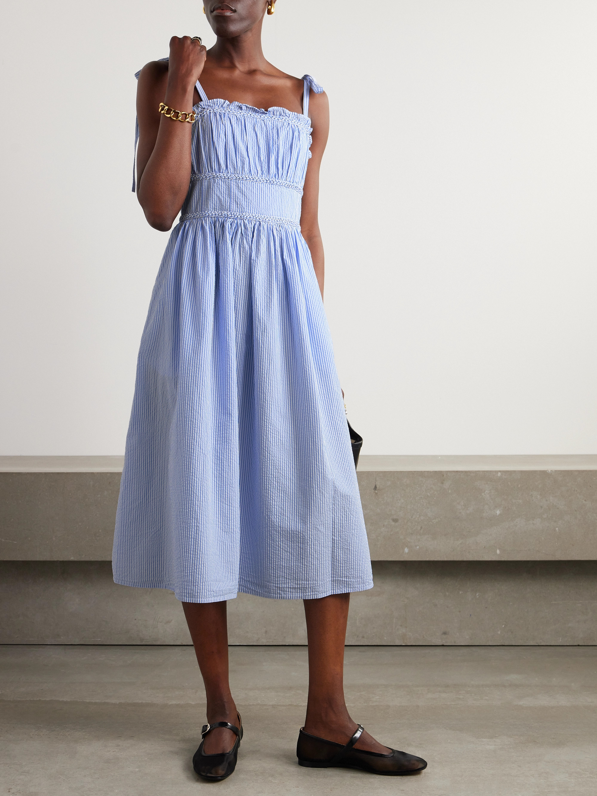 Polo Ralph Lauren Klie braided ruffled striped cotton-seersucker midi dress