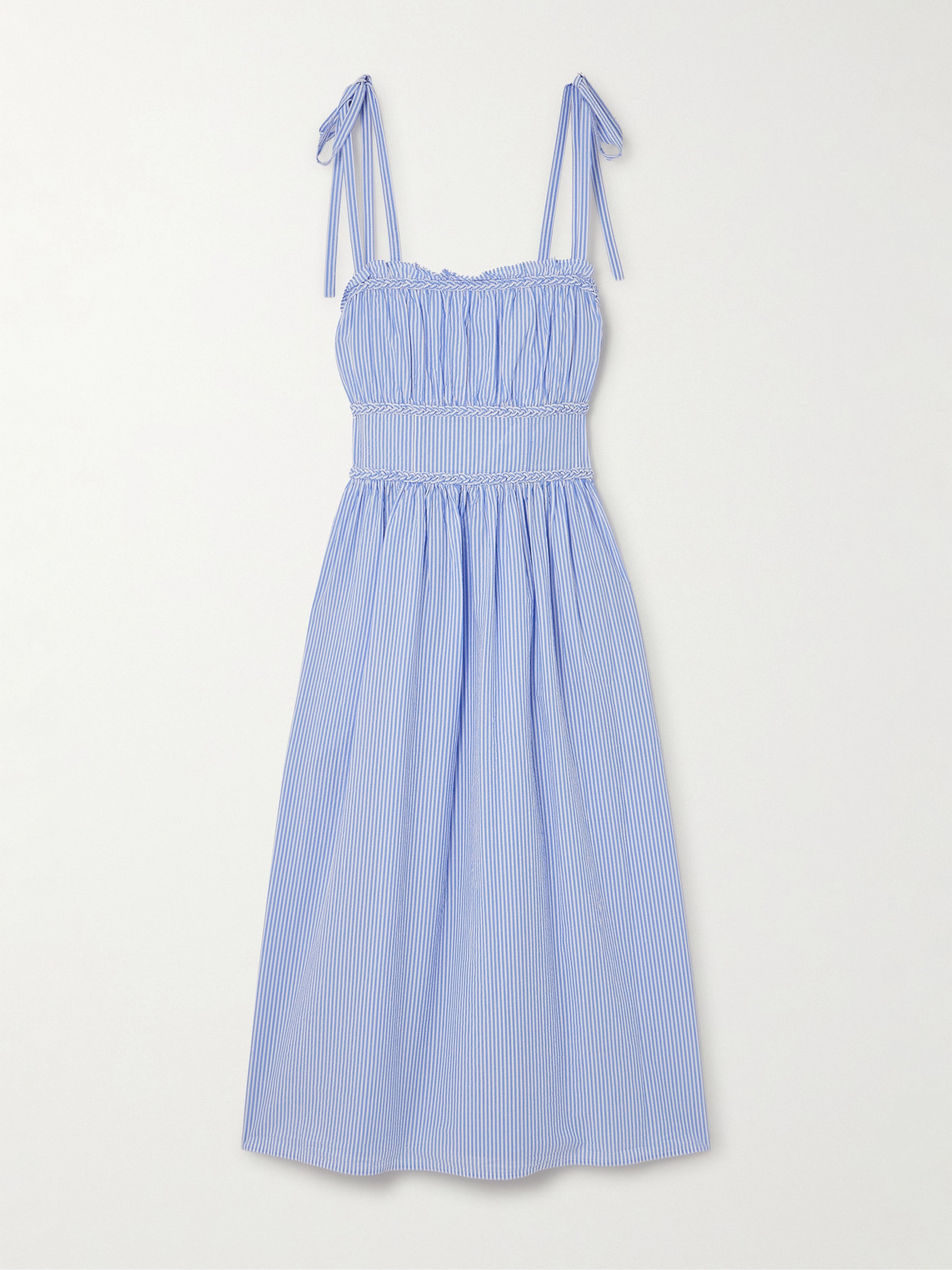 Polo Ralph Lauren Klie Braided Ruffled Striped Cotton-seersucker Midi Dress In Blue