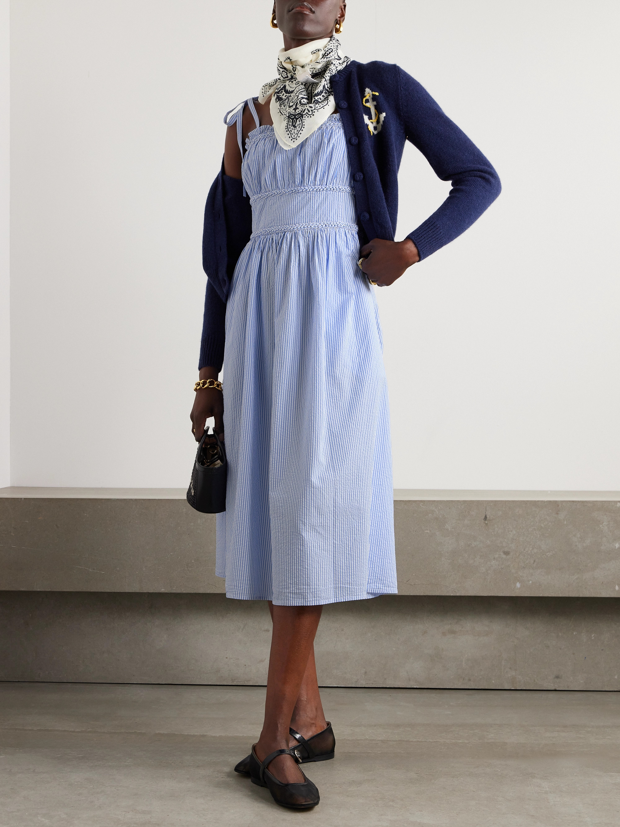 Polo Ralph Lauren Klie braided ruffled striped cotton-seersucker midi dress