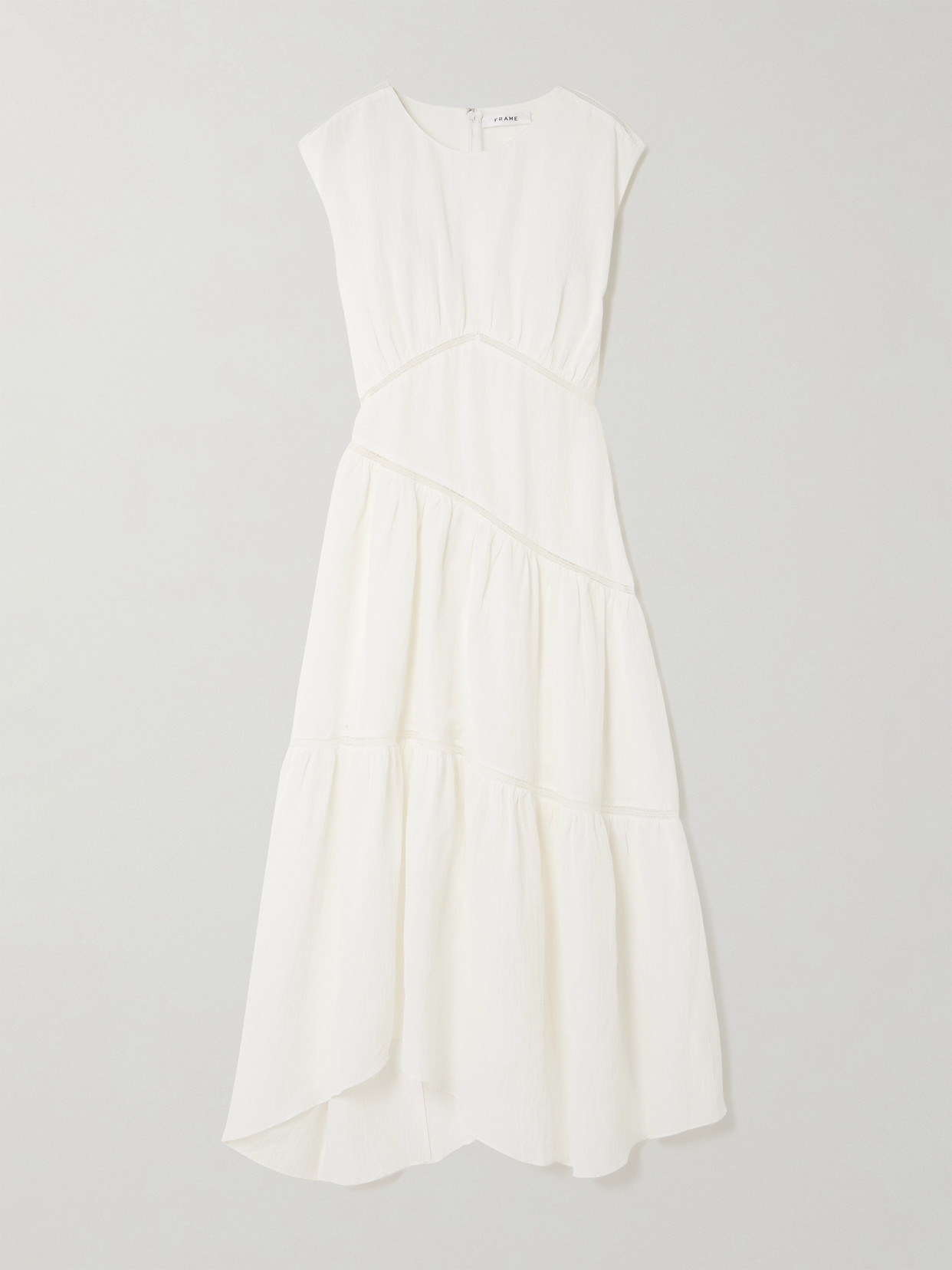 Shop Frame Asymmetric Paneled Lace-trimmed Linen-blend Midi Dress In White