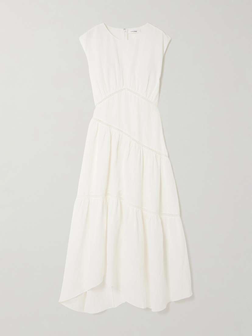 FRAME Asymmetric Paneled Lace-trimmed Linen-blend Midi Dress