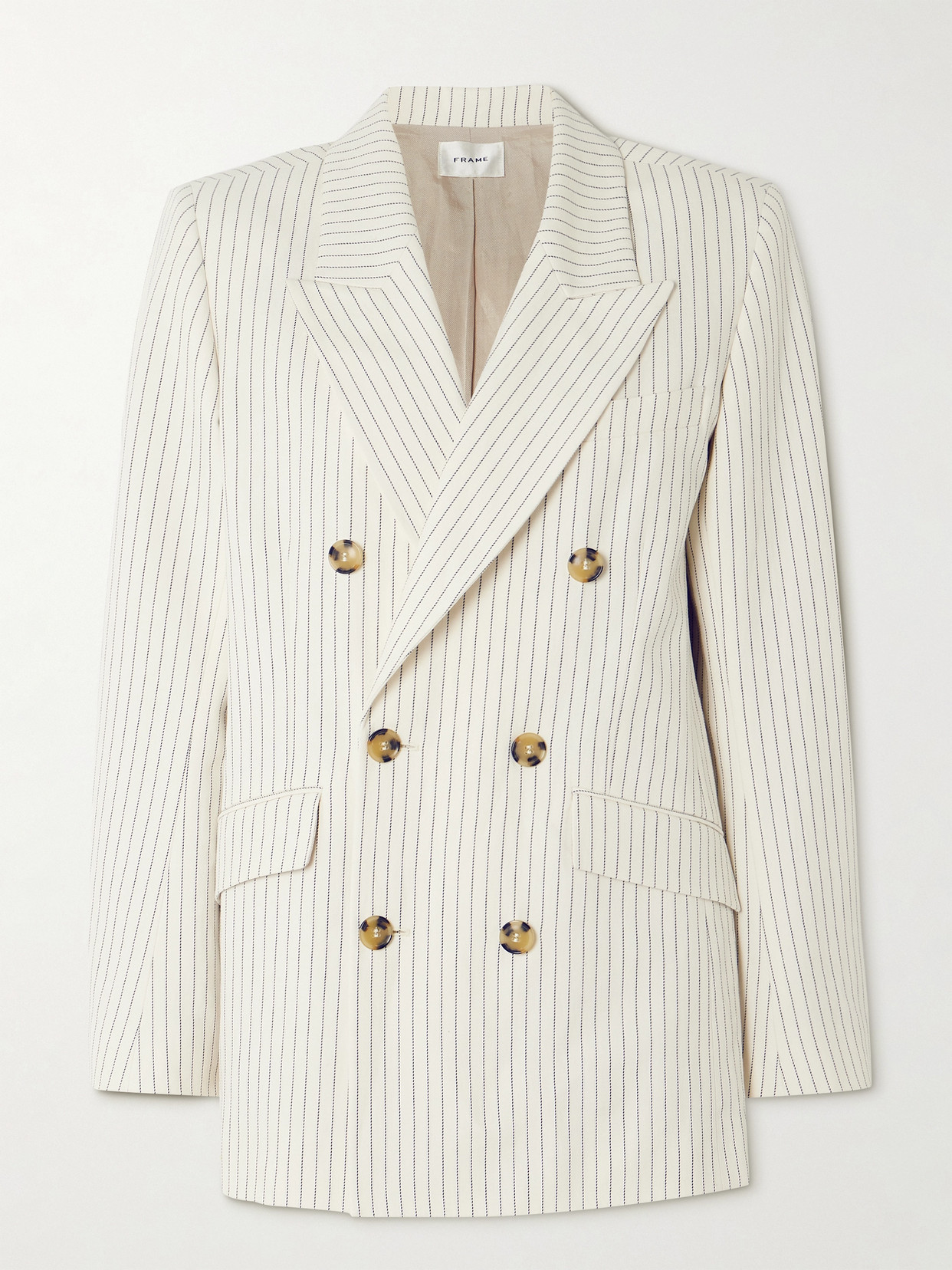 Frame Double-breasted Pinstriped Cotton-blend Twill Blazer In Cream