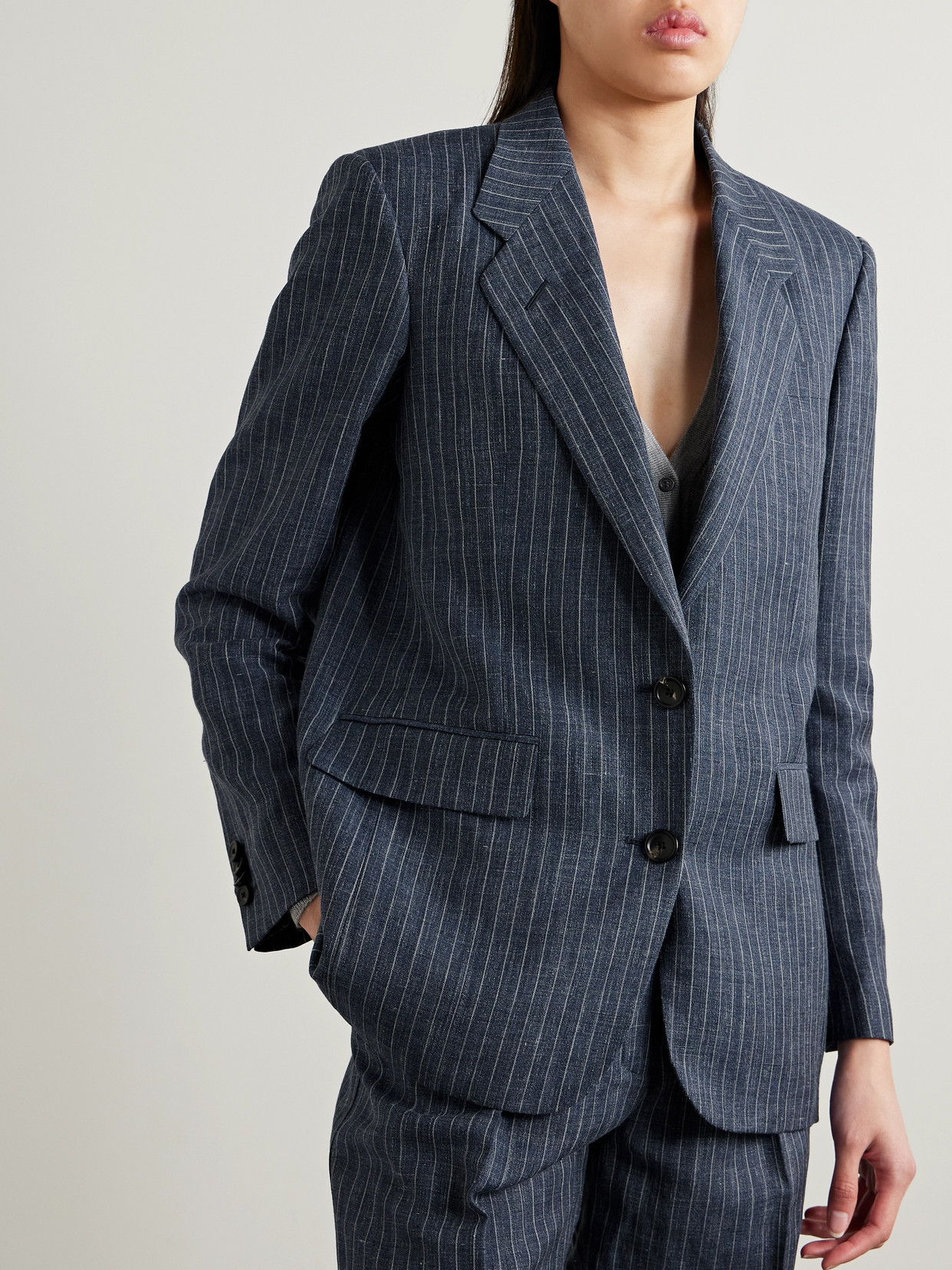 Shop Loro Piana Pinstriped Linen, Wool And Silk-blend Blazer In Blue