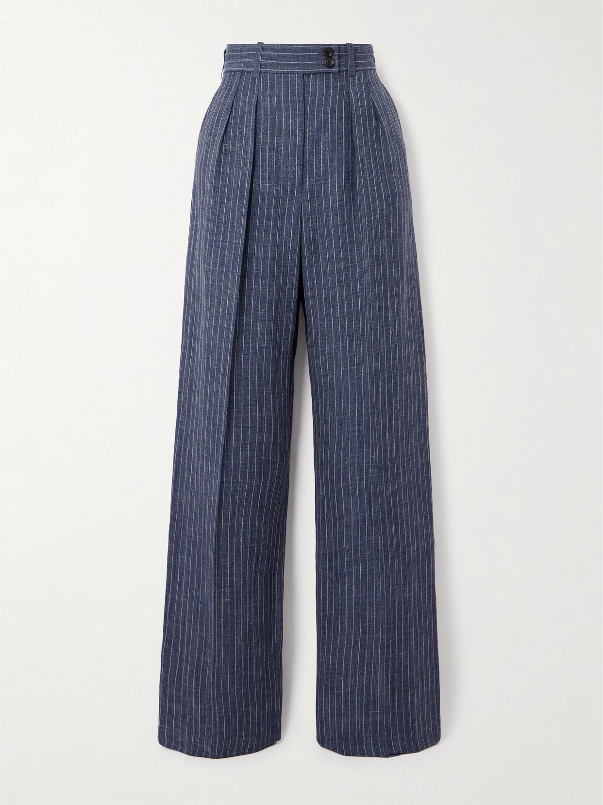 Loro Piana Pleated Striped Linen-blend Straight-leg Pants In Blue