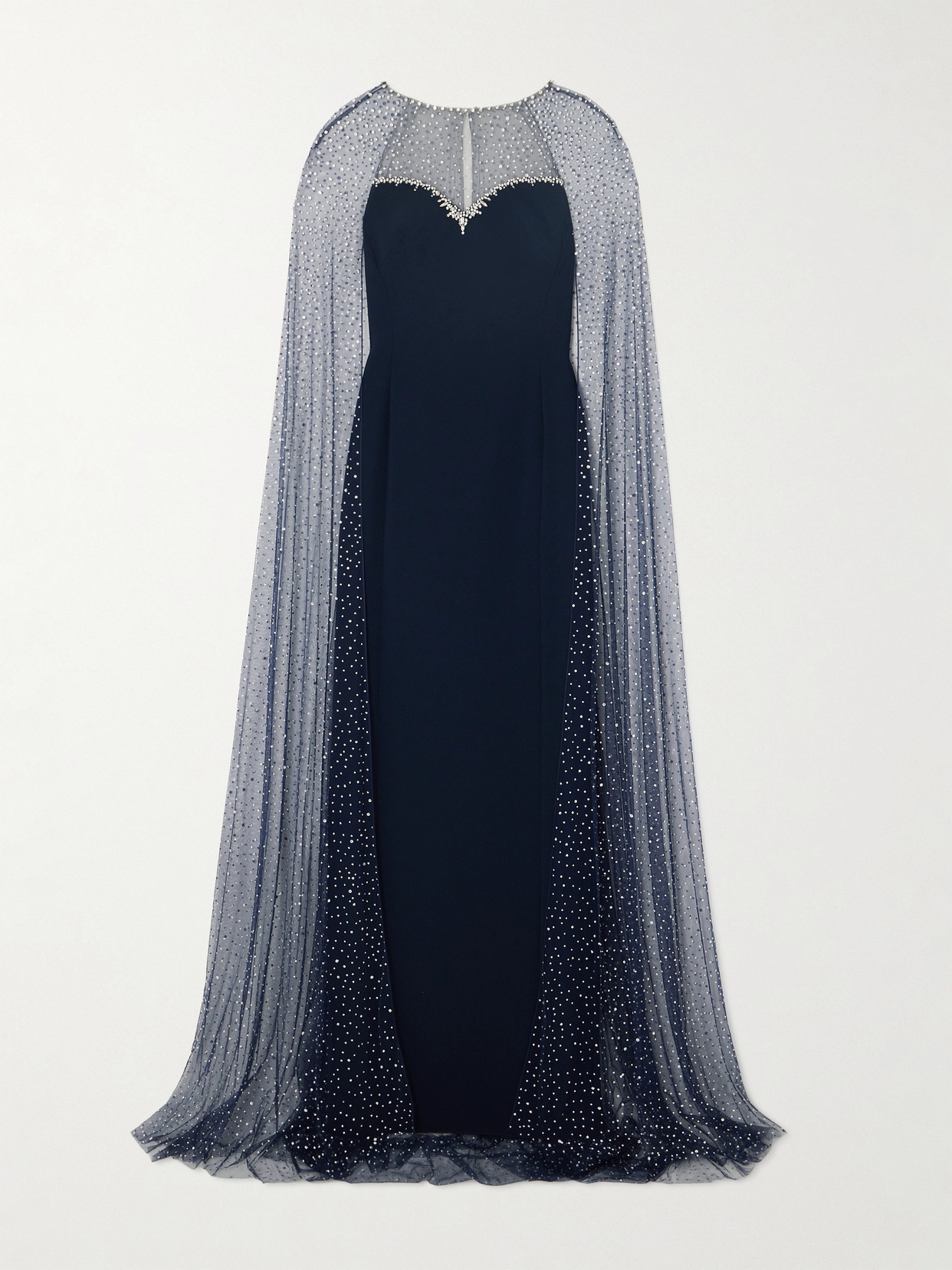 Jenny Packham Cordelia Cape-effect Crystal-embellished Tulle And Stretch-crepe Gown In Blue