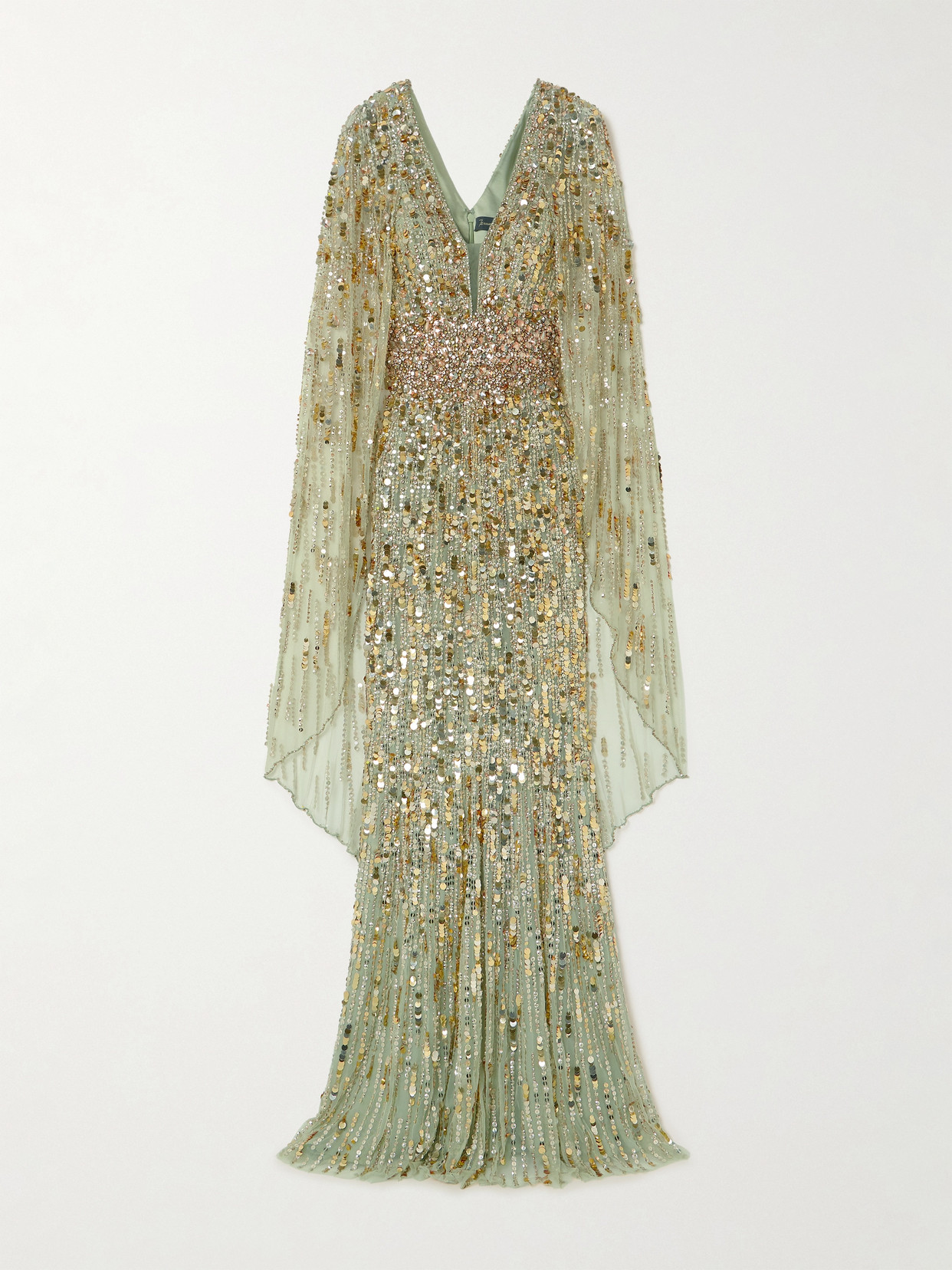 Shop Jenny Packham Honey Pie Cape-effect Embellished Sequined Tulle Gown In Green