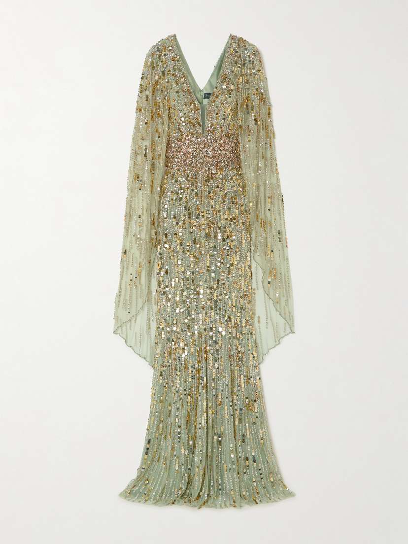 Jenny Packham Honey Pie Cape-effect Embellished Sequined Tulle Gown - UK 20