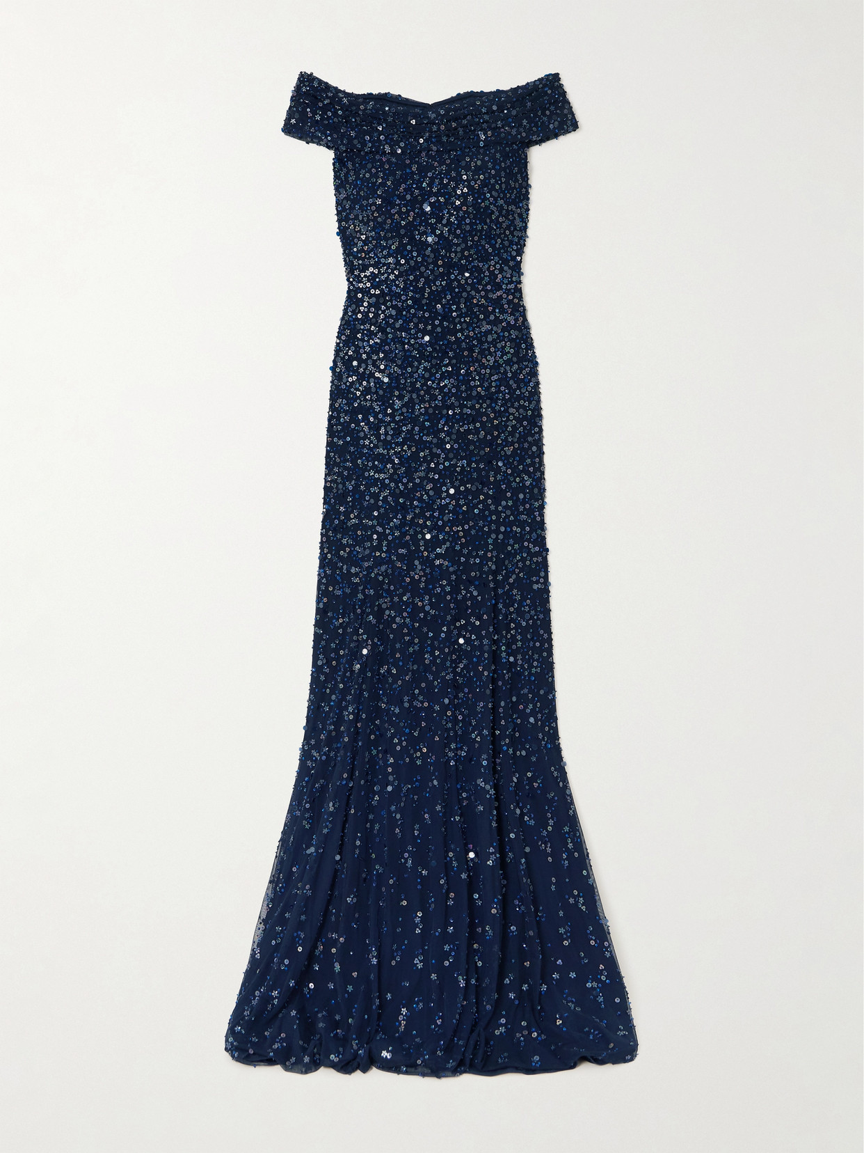 Jenny Packham Buttercup Off-the-shoulder Embellished Sequined Tulle Gown In Blue