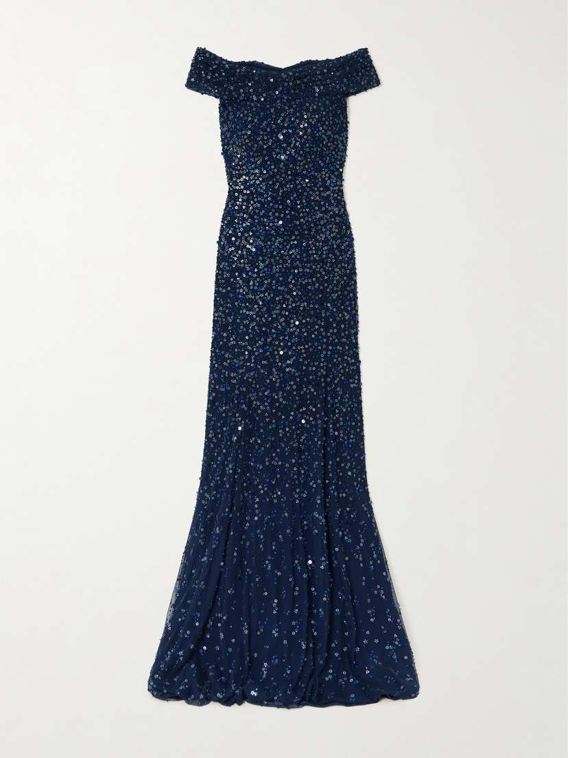 Jenny Packham Buttercup Off-the-shoulder Embellished Sequined Tulle Gown - UK 14