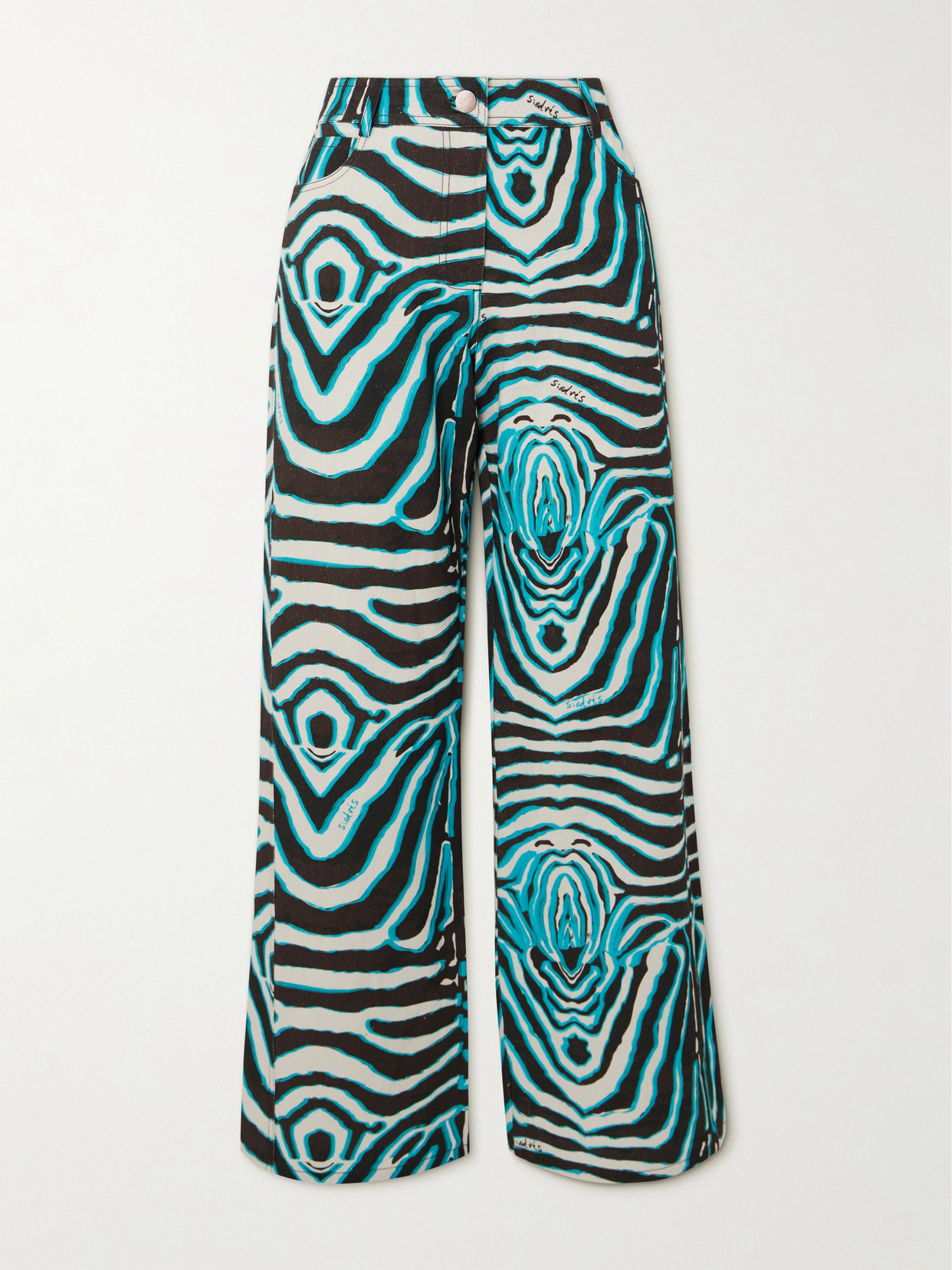 Shop Siedres Zebra-printed Cotton And Linen-blend Wide-leg Pants In Blue