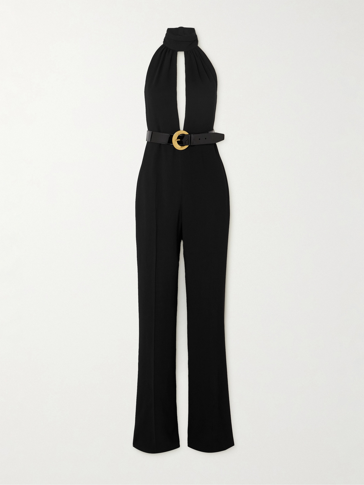 Shop Tom Ford Leather-trimmed Cutout Stretch-jersey Halterneck Jumpsuit In Black