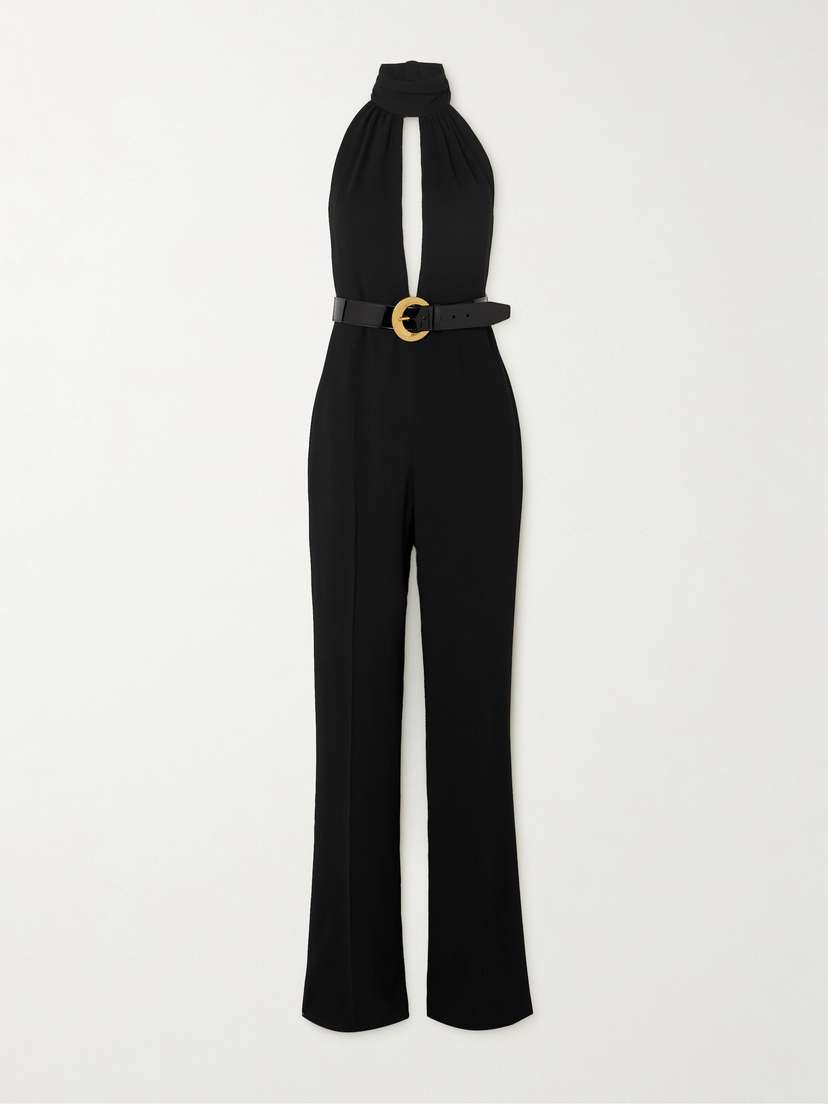 Tom Ford Leather-trimmed Cutout Stretch-jersey Halterneck Jumpsuit