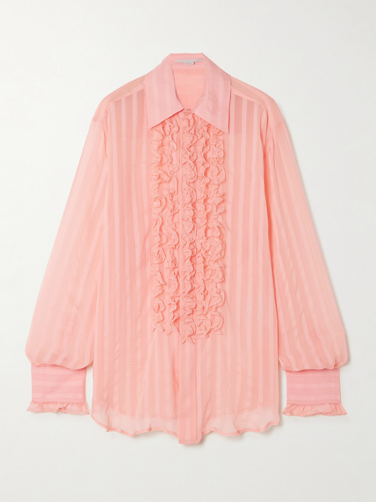 Stella Mccartney + Net Sustain Striped Ruffled Organic Silk-blend Crepe De Chine Shirt In Pink