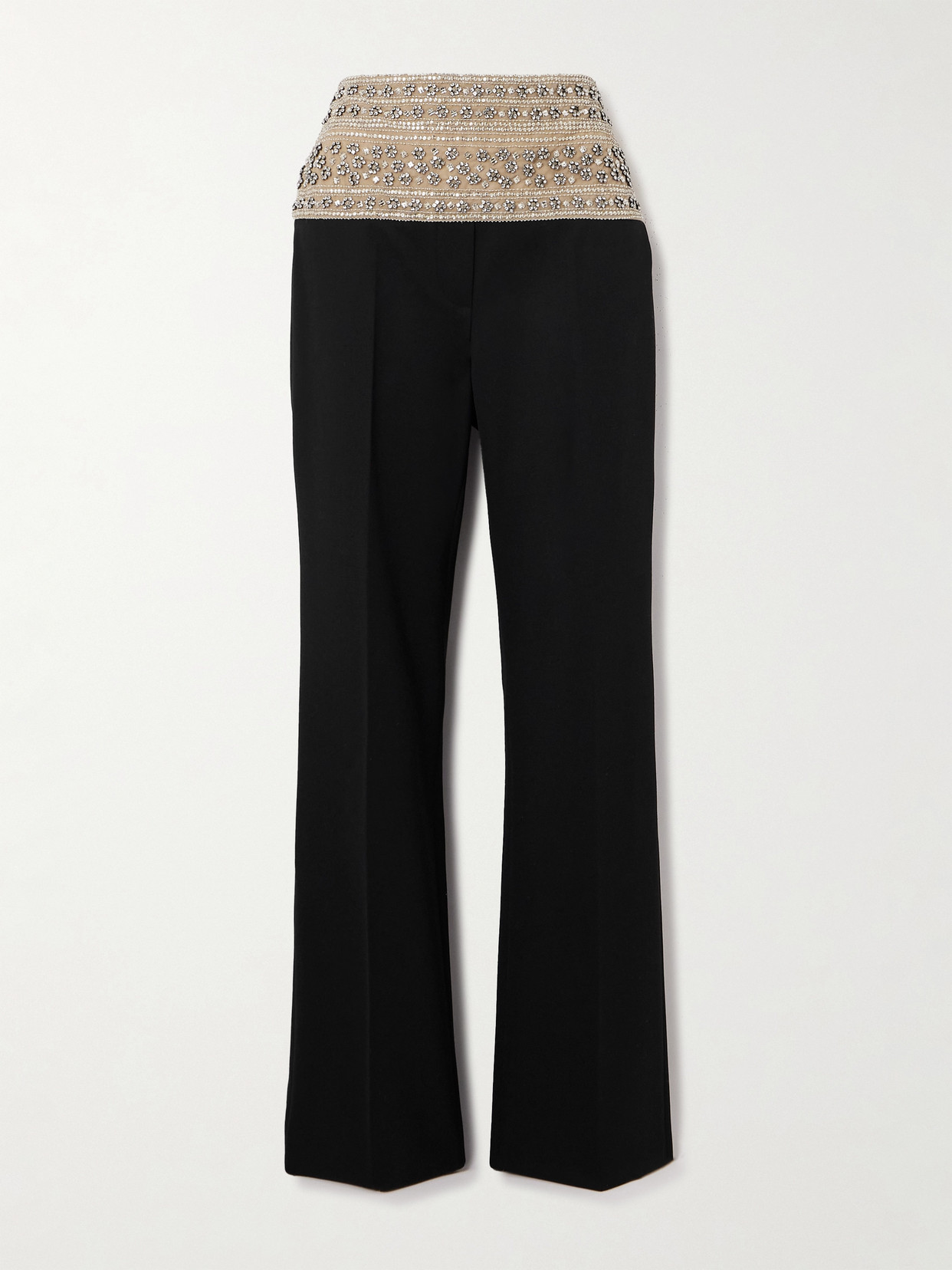 Stella Mccartney + Net Sustain Crystal-embellished Mesh-trimmed Wool-twill Straight-leg Pants In Black