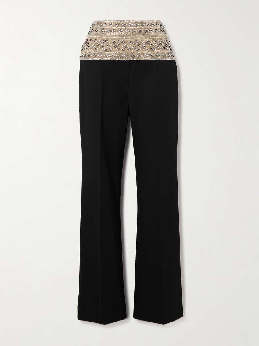 Stella McCartney + Net Sustain Crystal-embellished Mesh-trimmed Wool-twill Straight-leg Pants
