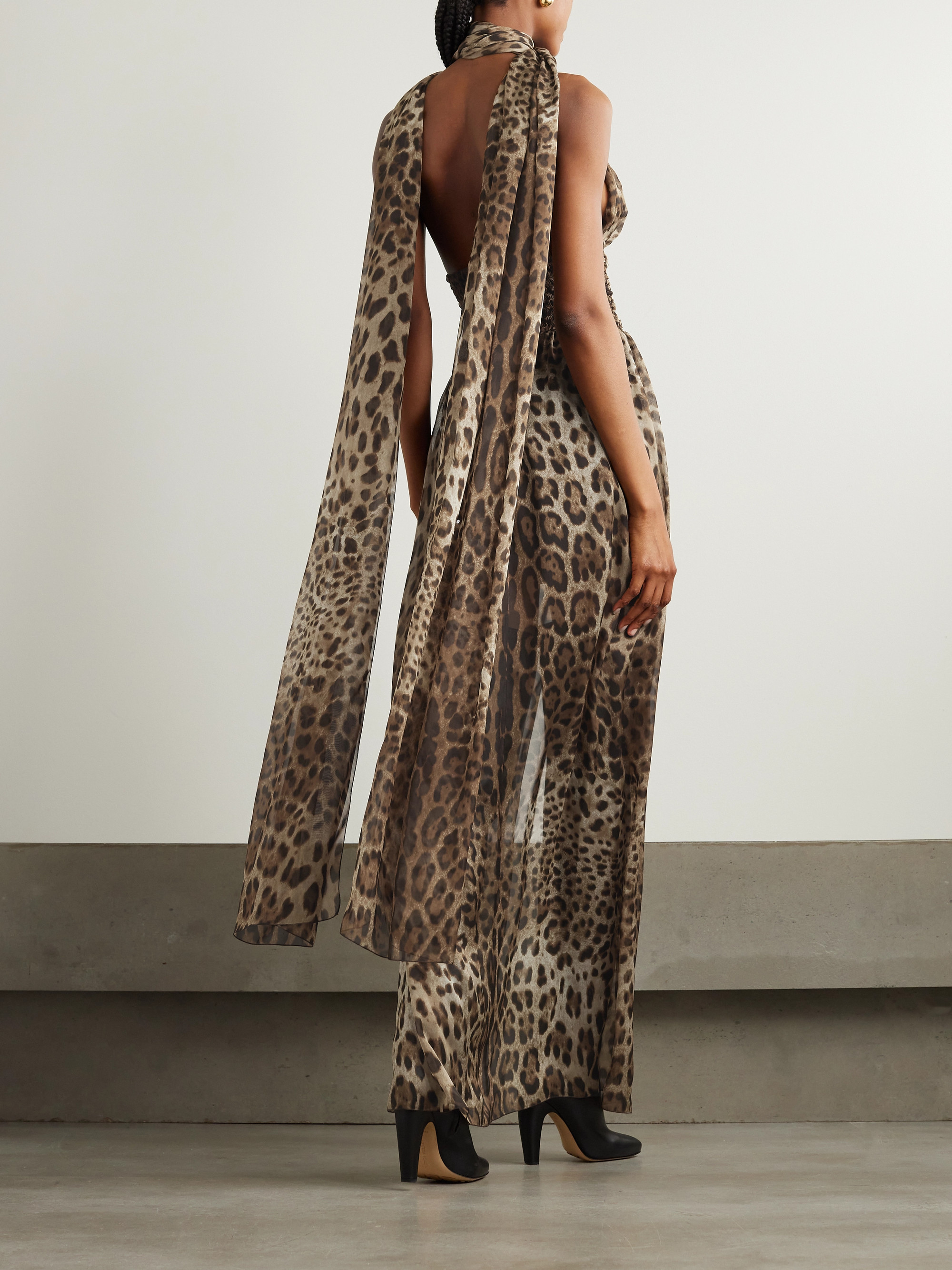 Dolce&Gabbana Scarf-detailed smocked leopard-print silk-chiffon gown thumbnail