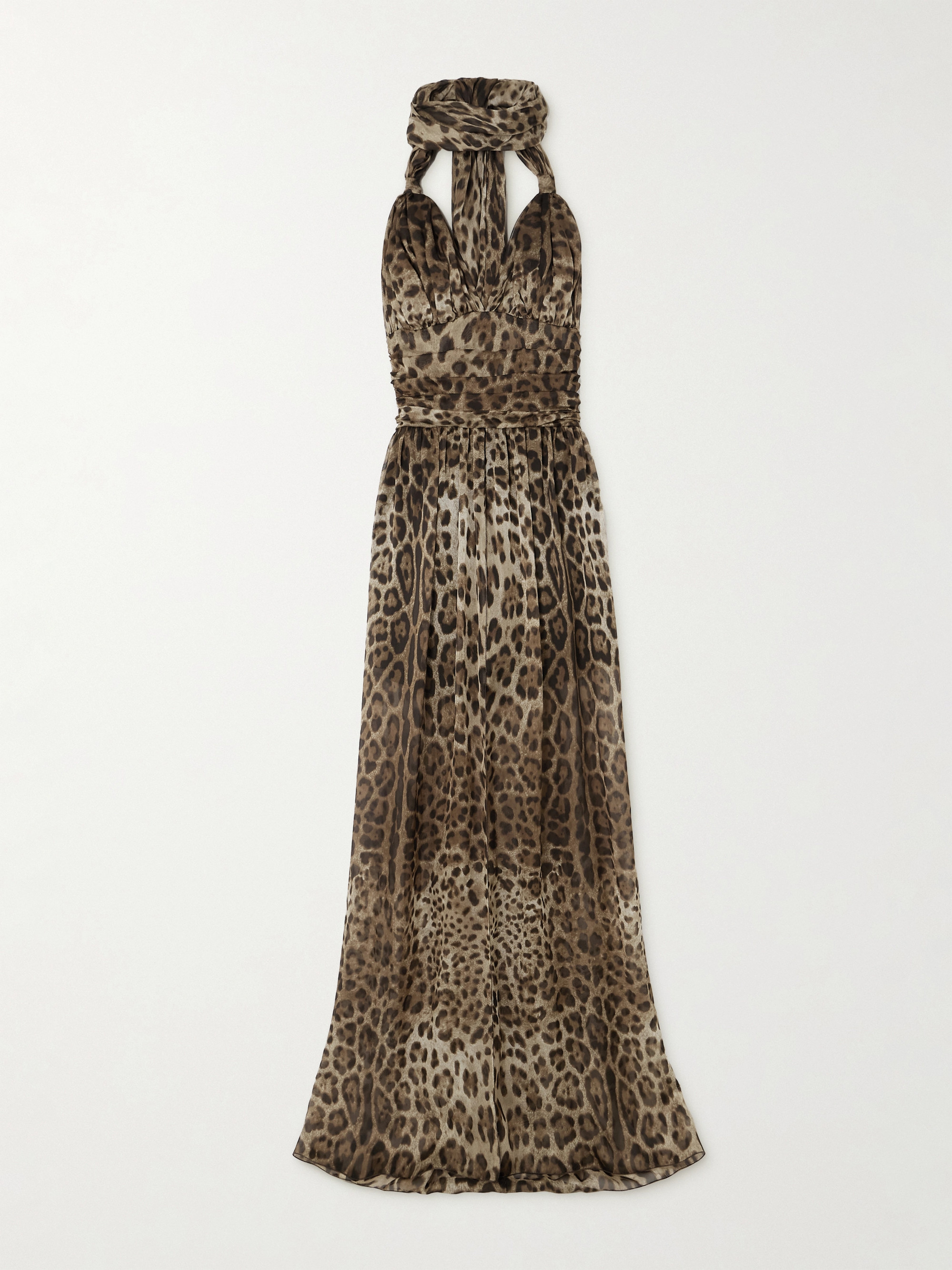 Dolce&Gabbana Scarf-detailed smocked leopard-print silk-chiffon gown thumbnail