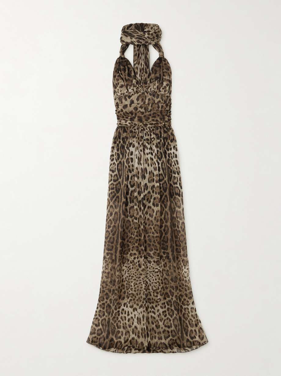 scarf-detailed smocked leopard-print silk-chiffon gown